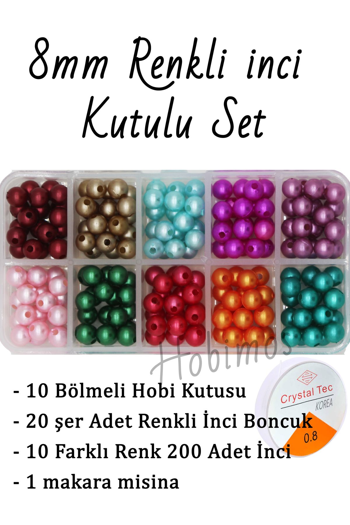 Hobimos 10 Bölmeli Kutuda 8mm Renkli İnci Set - 200 Adet Plastik Renkli İnci