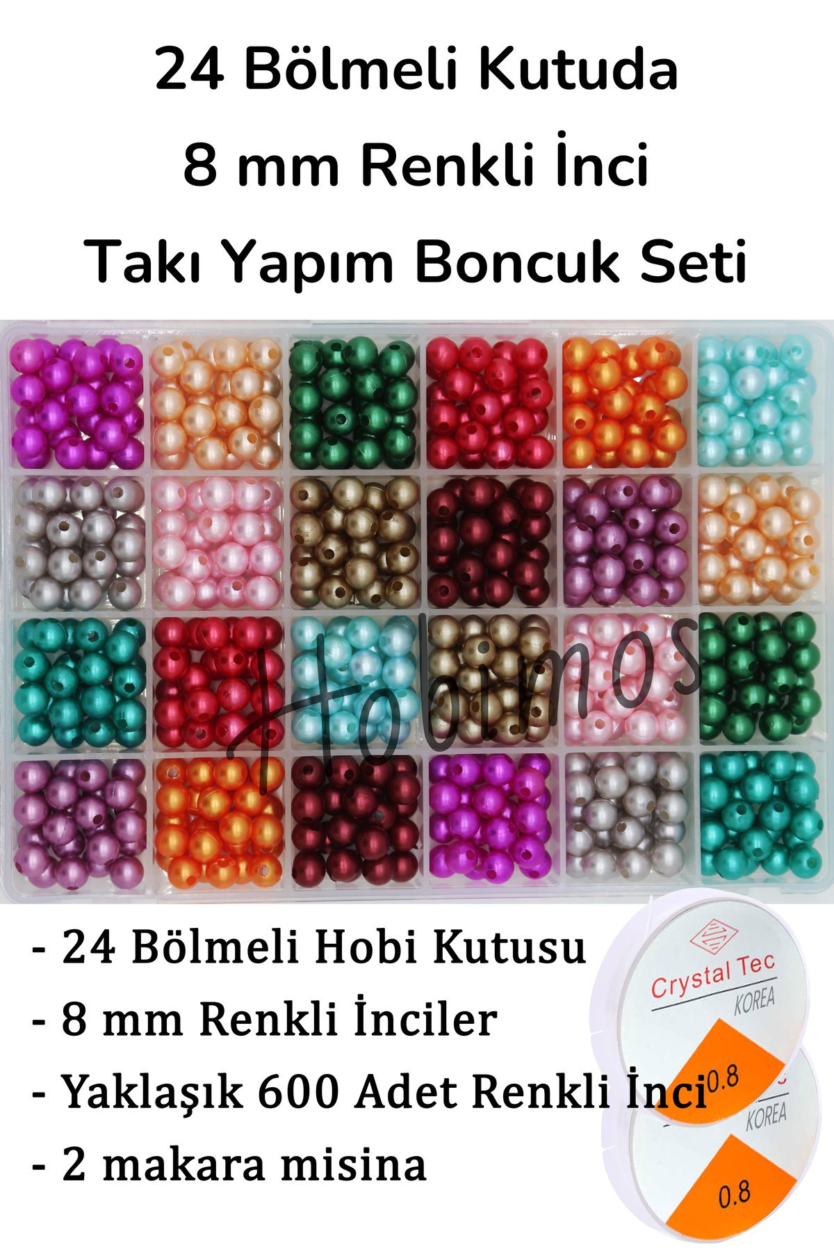 Hobimos 24 Bölmeli Kutuda 8 mm Renkli İnci Boncuk Takı Yapım Seti