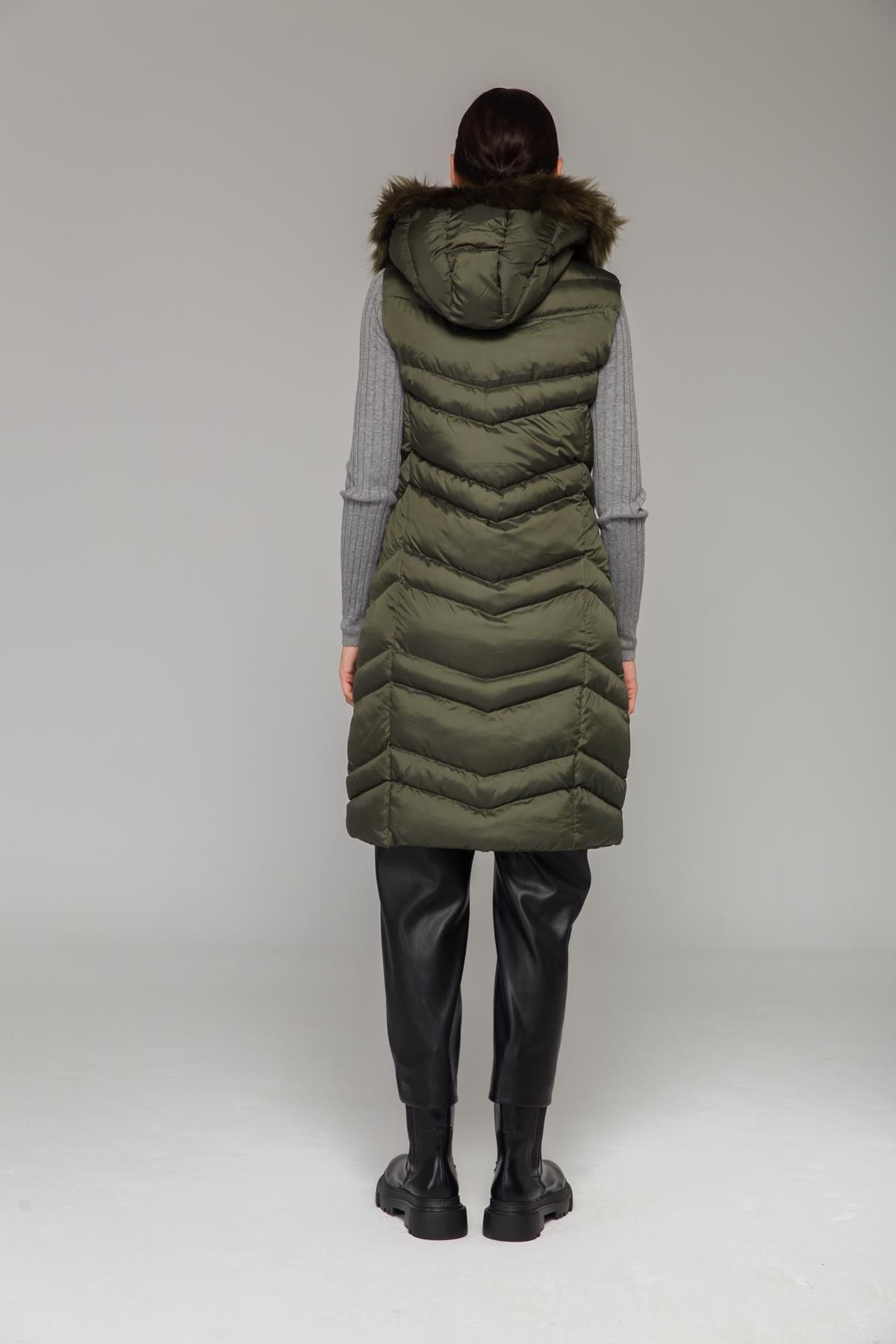 Olcay-Furry Removable Hooded Inflatable Vest Khaki 8192 6