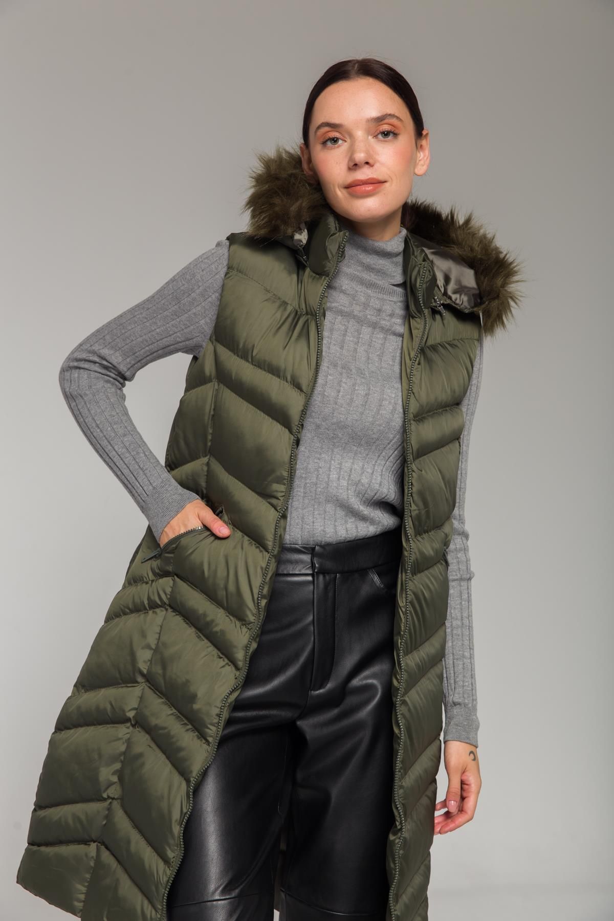 Olcay-Furry Removable Hooded Inflatable Vest Khaki 8192 1