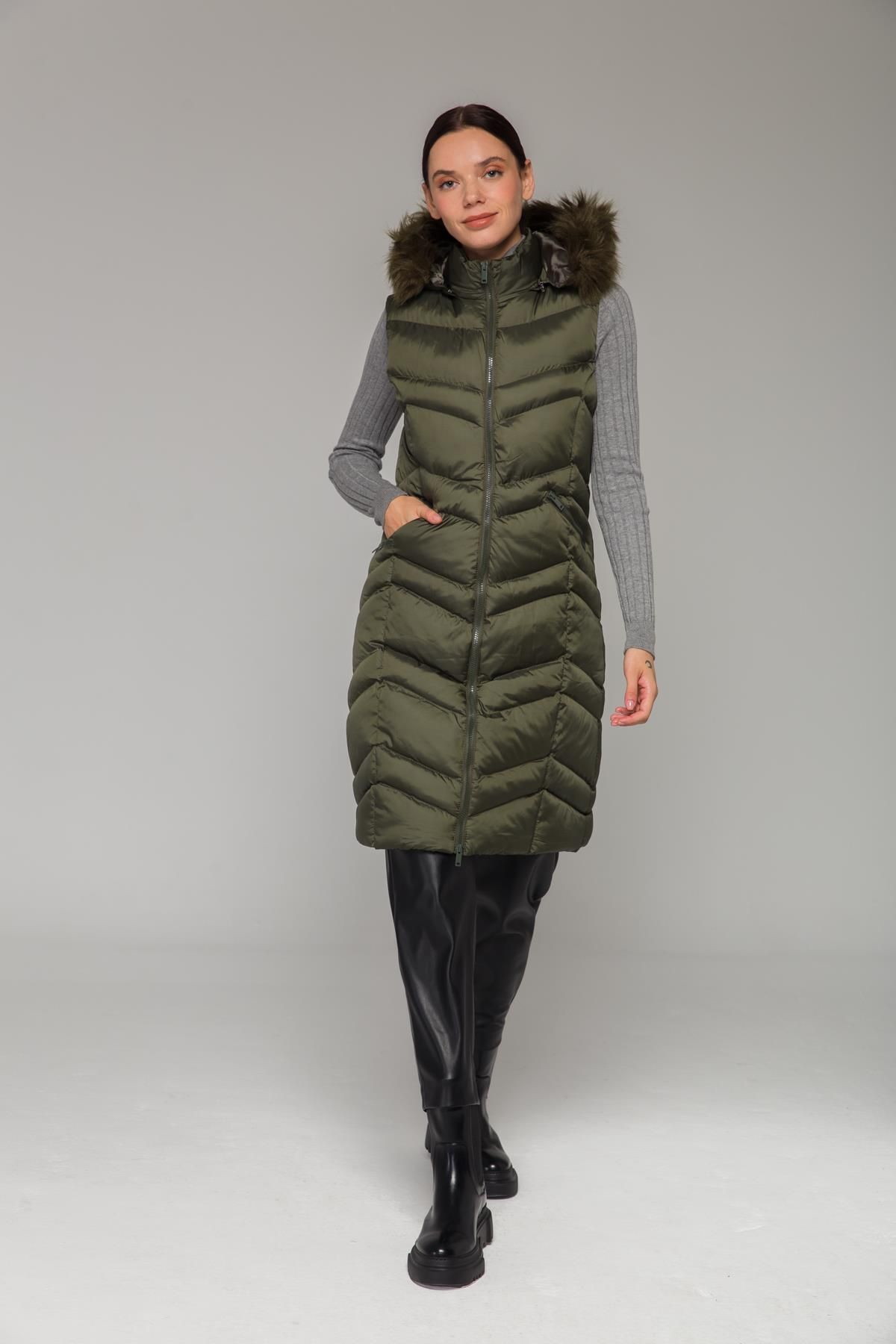 Olcay-Furry Removable Hooded Inflatable Vest Khaki 8192 3