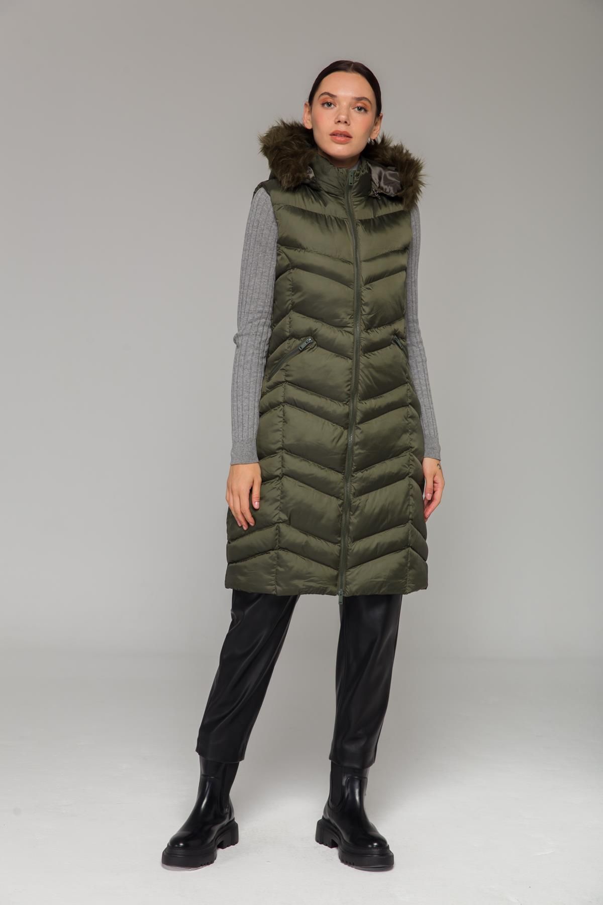 Olcay-Furry Removable Hooded Inflatable Vest Khaki 8192 2