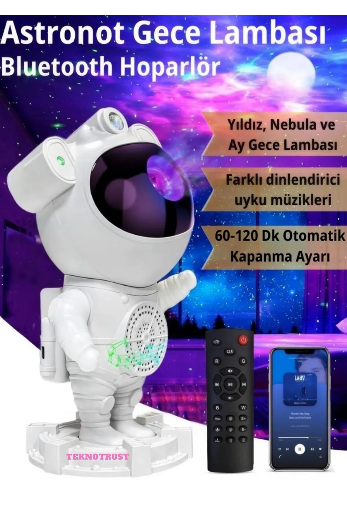 teknotrust Çocuk ve Yetişkin Odası Bluetooth Astronot Gece Lambası: 360° Projeksiyon, Dinlendirici Ve Kumandalı