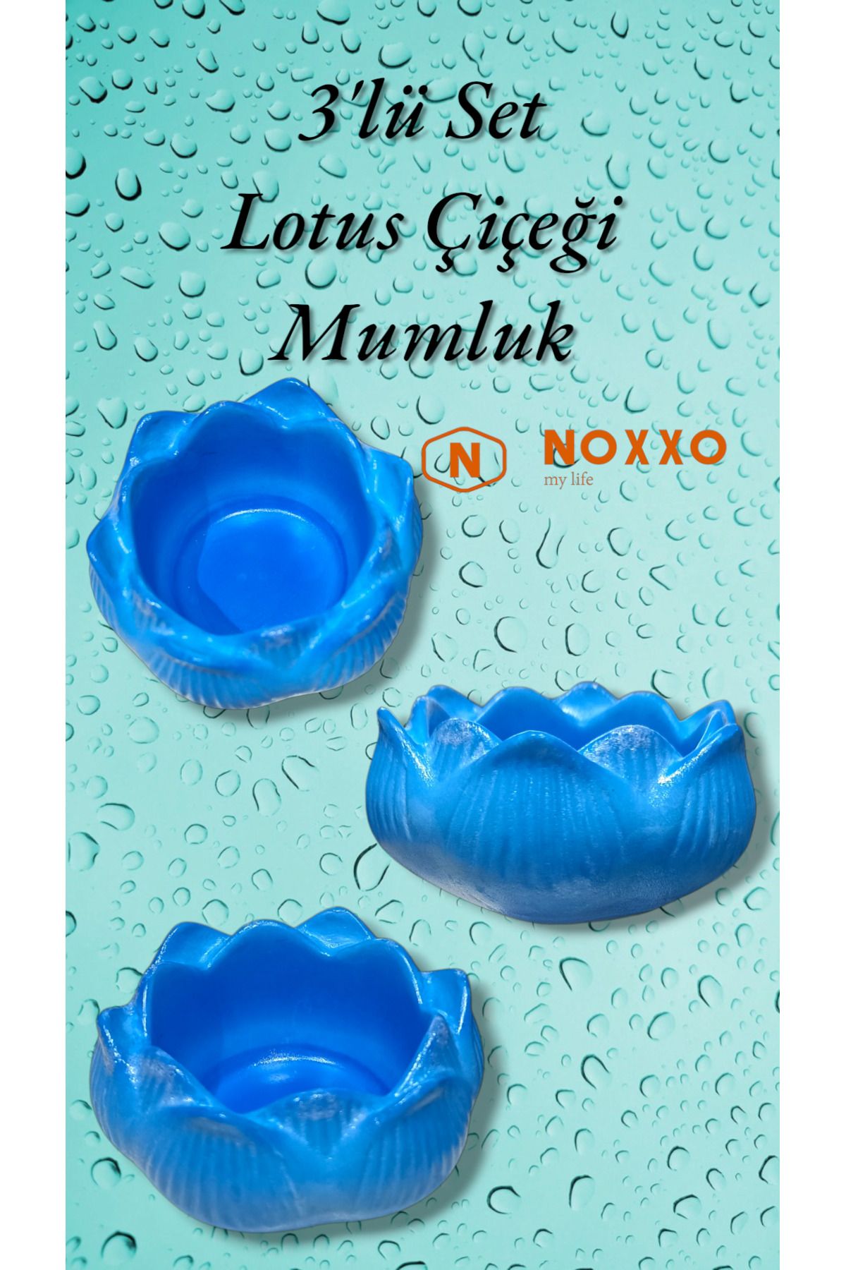 N NOXXO 3 lü Lotus Çiçeği Mumluk Seti - Dekoratif Tealight Mumluk Beton Mavi