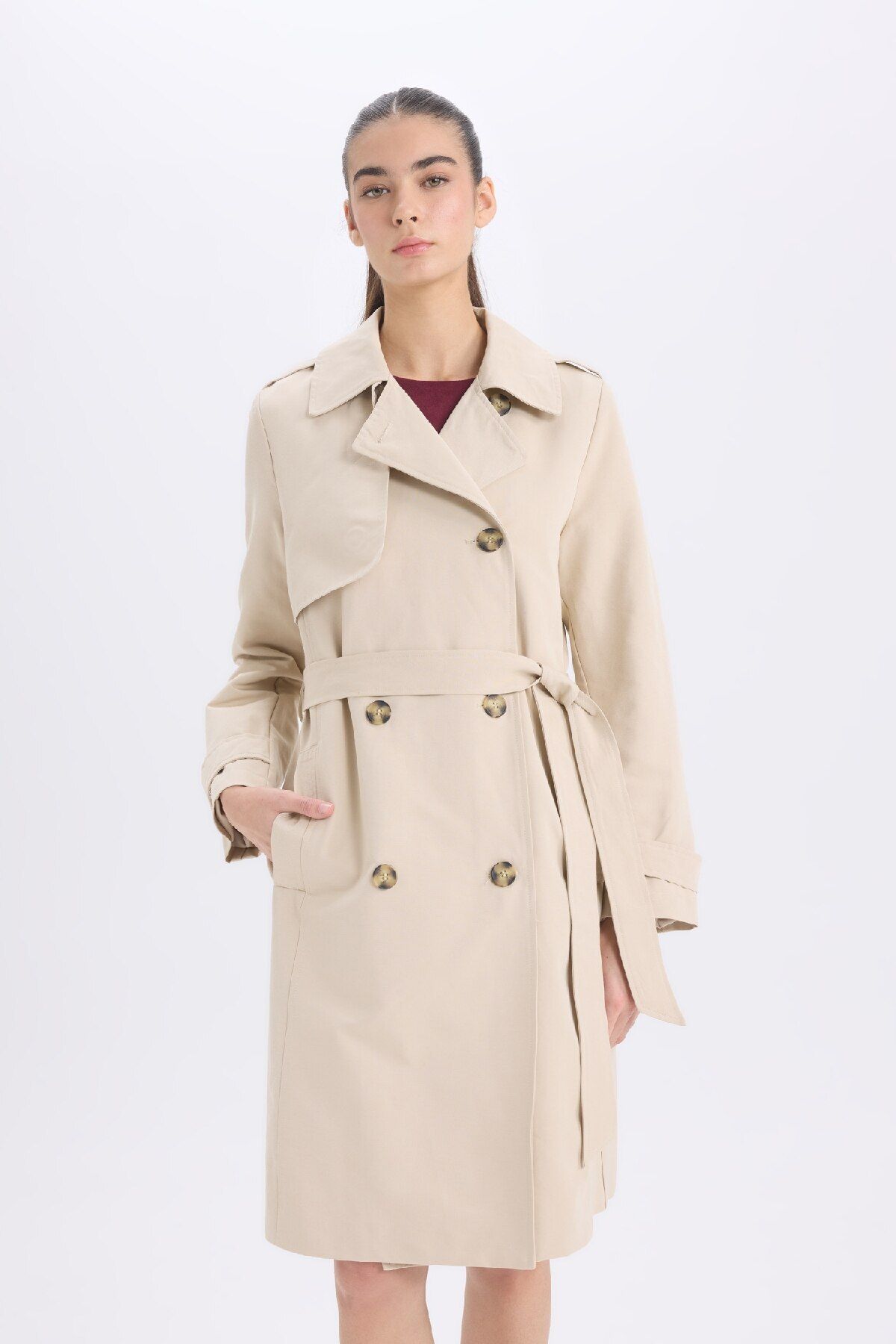 DeFacto-Regular Fit Tuxedo Collar Long Trench Coat with Belt Pockets D6524Ax25Sp 6