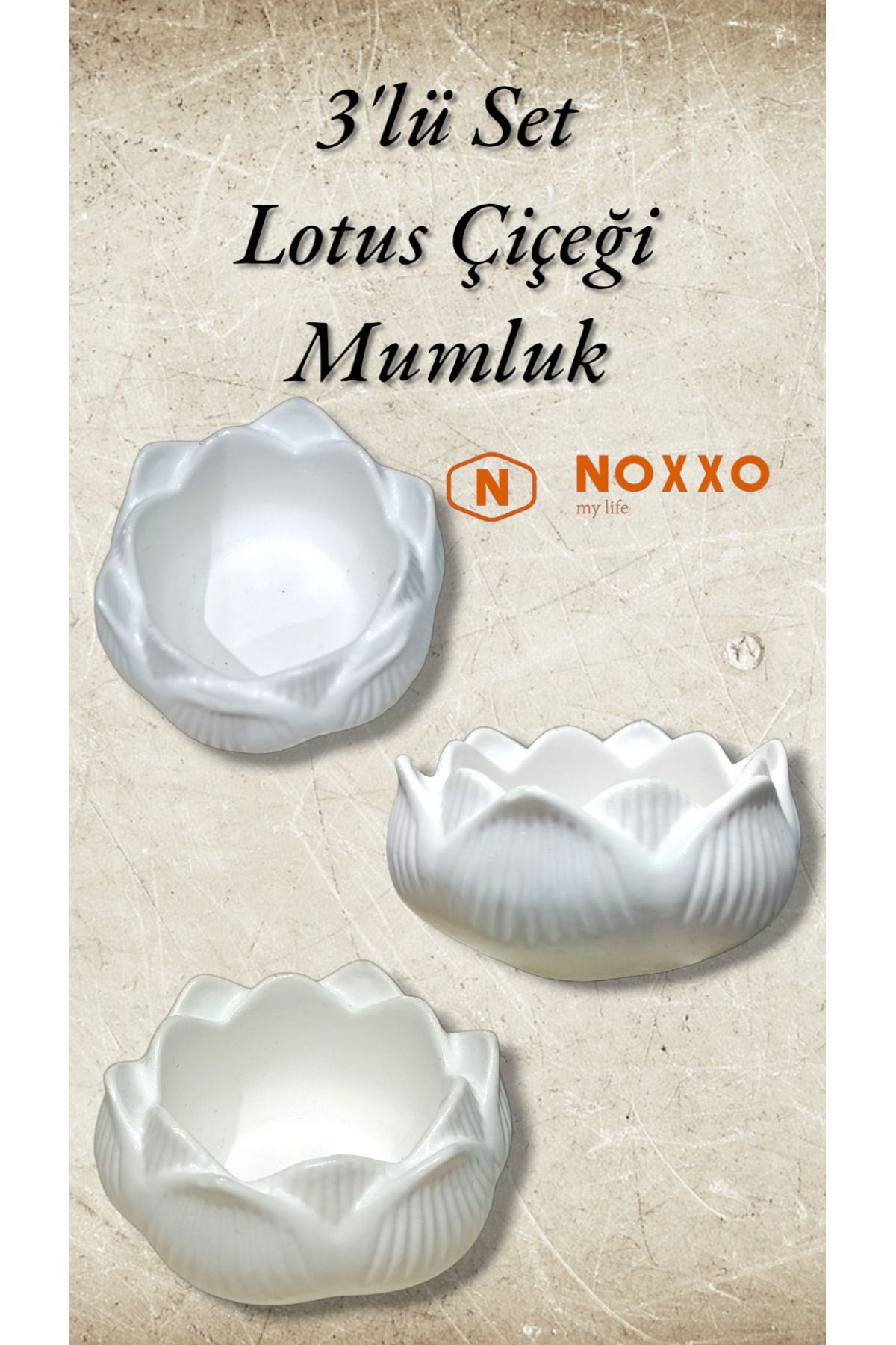 N NOXXO 3 lü Lotus Çiçeği Mumluk Seti - Dekoratif Tealight Mumluk Beton Beyaz