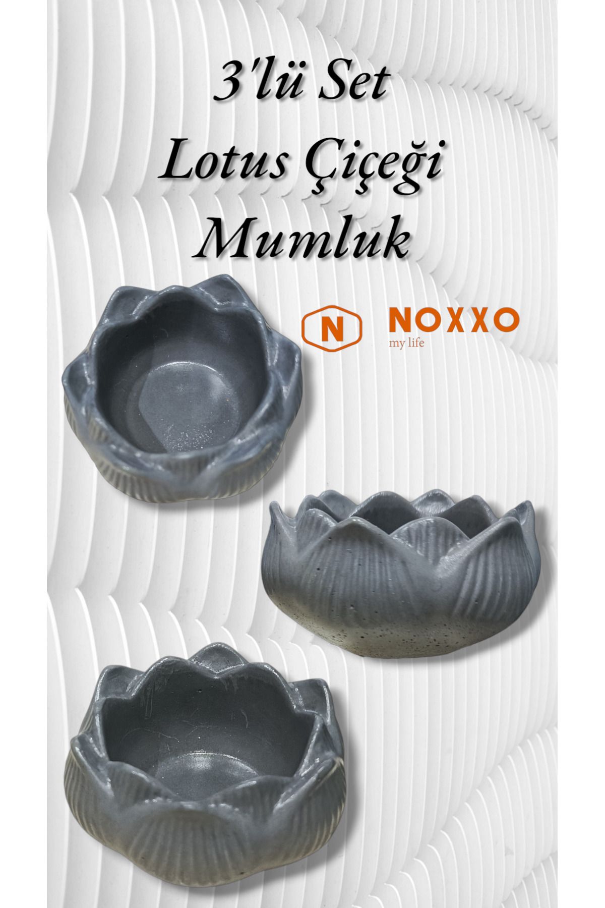 N NOXXO 3 lü Lotus Çiçeği Mumluk Seti - Dekoratif Tealight Mumluk Beton Antrasit