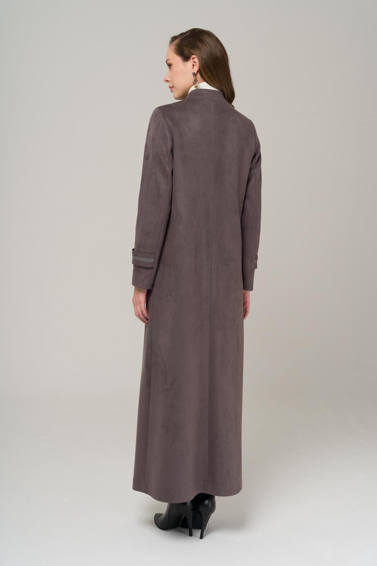 Olcay-Magnificent Collar Cape and Leather Detailed Suede Look Topcoat Smoked 6519 5