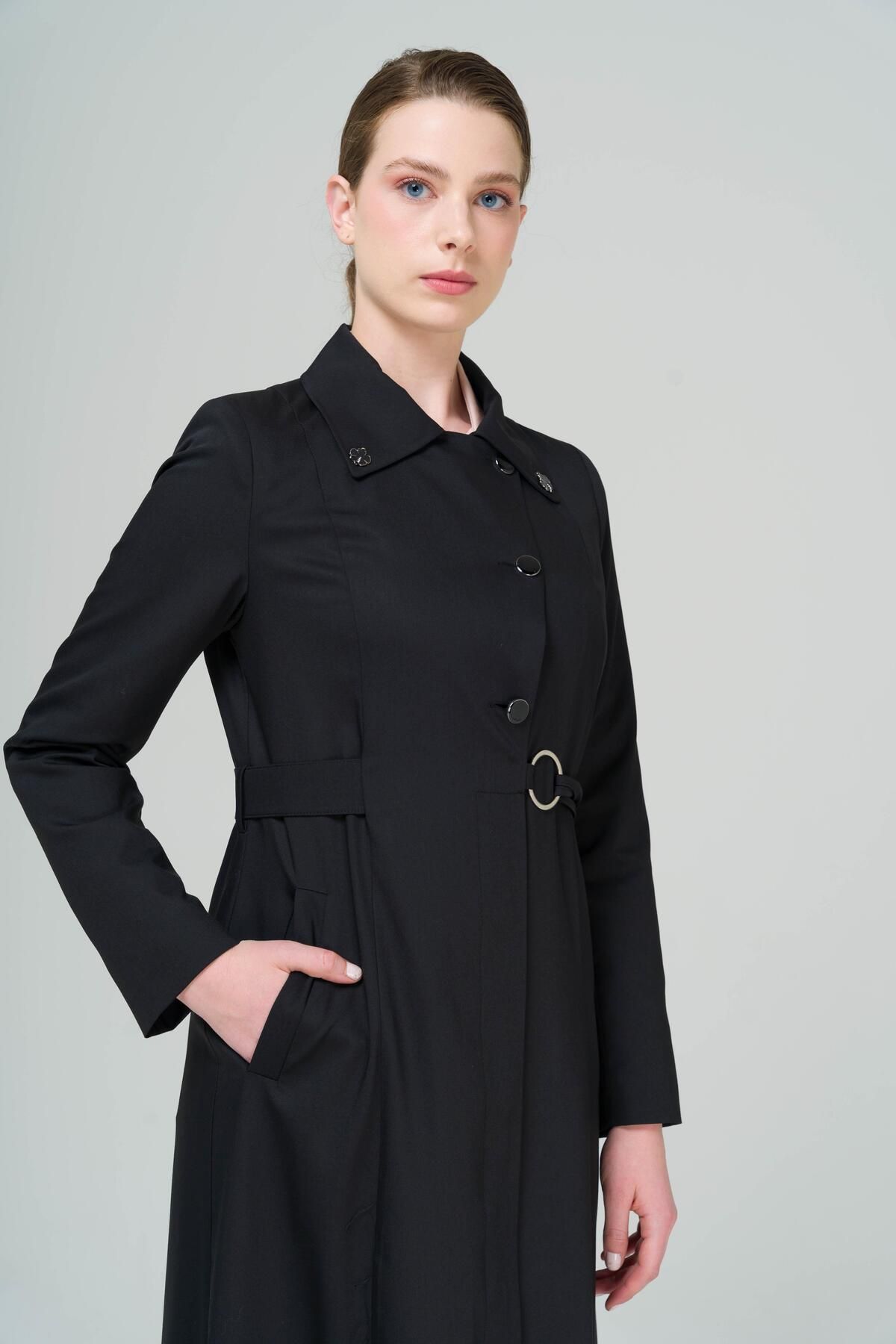 Olcay-Shirt Collar Belt Detailed Lined Top Coat BLACK 6568 5