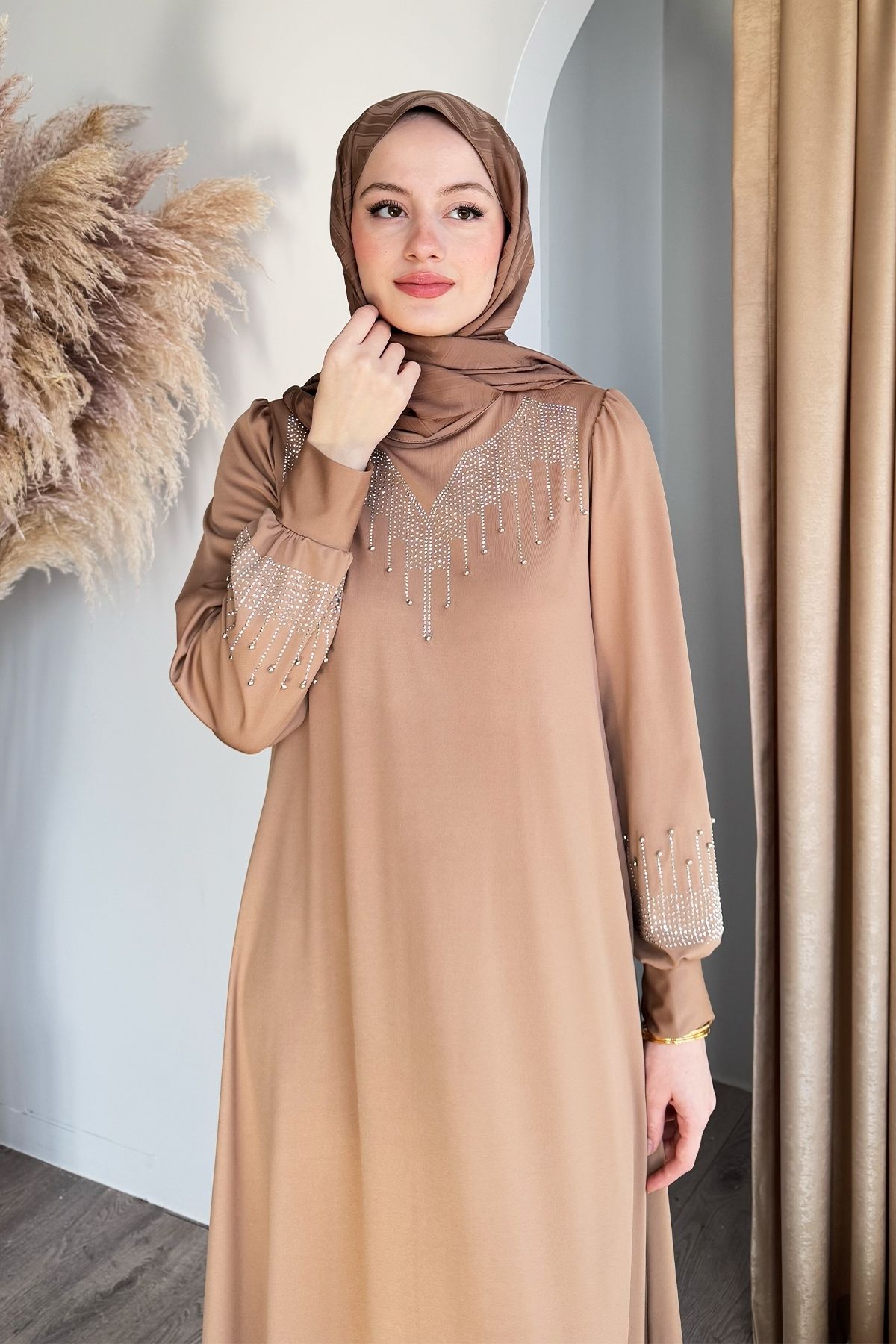 InStyle-Camel Scuba Dress with Rhinestones Pearls 2
