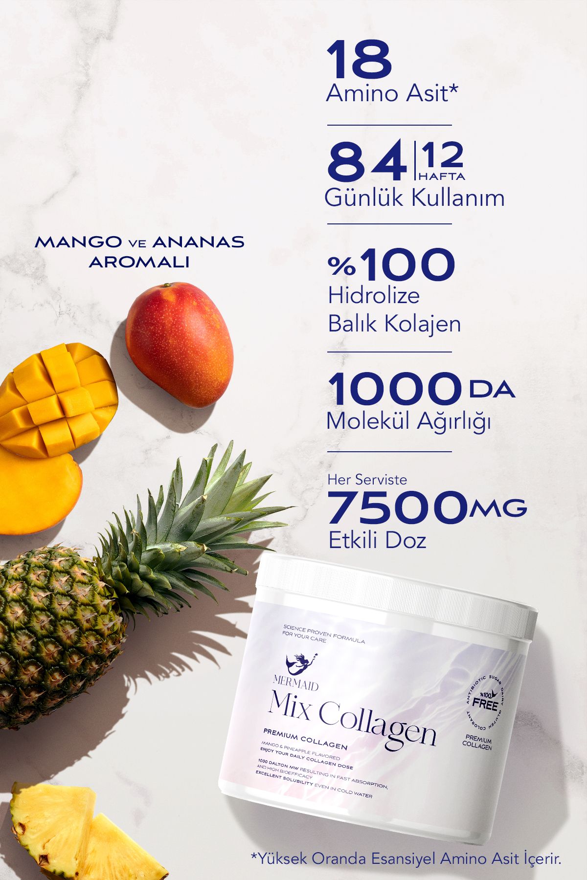 Mermaid Collagen MIX Premium Hidrolize Balık (Marine) Kolajen, Hyalüronik Asit, Biotin, Vitamin ve Mineral - 4 Hafta