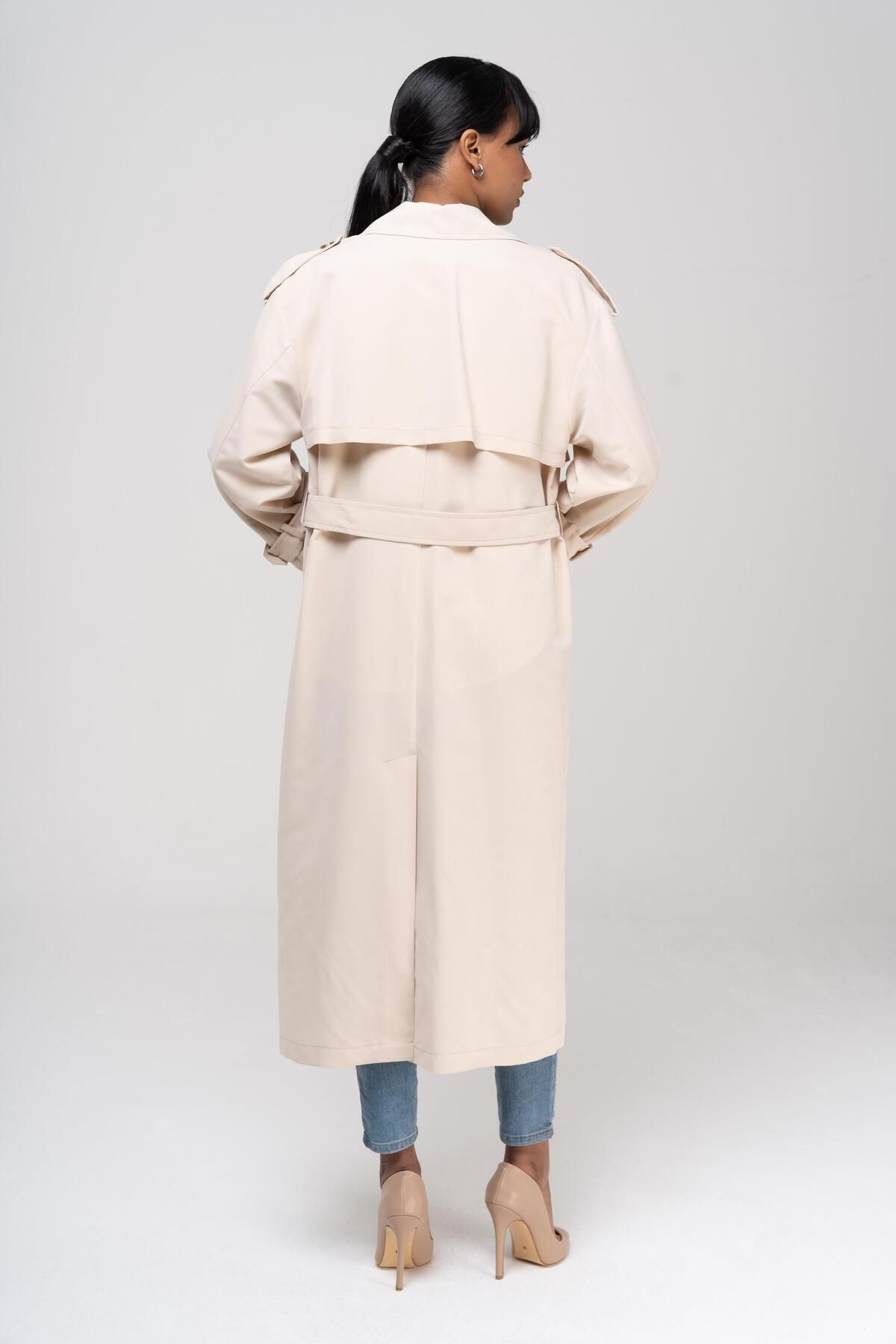 Olcay-Bequeme Passform, zweireihiger, wasserabweisender, ungefütterter Trenchcoat BEIGE 6542 8