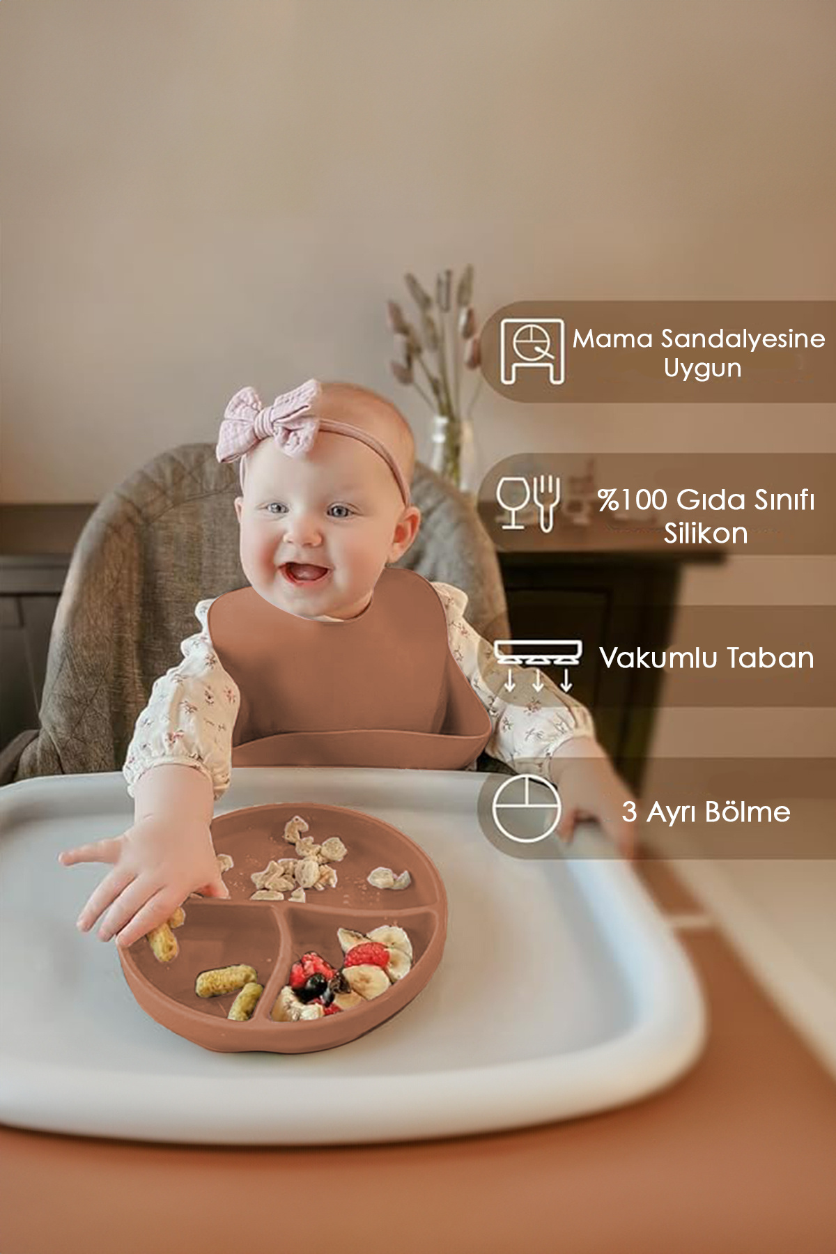 Meleni Baby Vakumlu Silikon Bebek Mama Tabağı - Bölmeli Vakum Tabanlı Tabak Bebek Beslenme Tabağı - Kahverengi fotoğrafı 3 (önizleme)