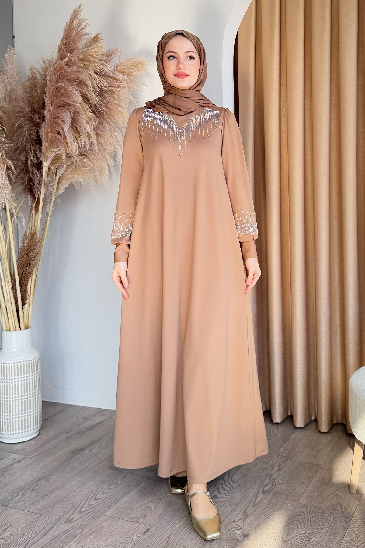 InStyle-Camel Scuba Dress with Rhinestones Pearls 3
