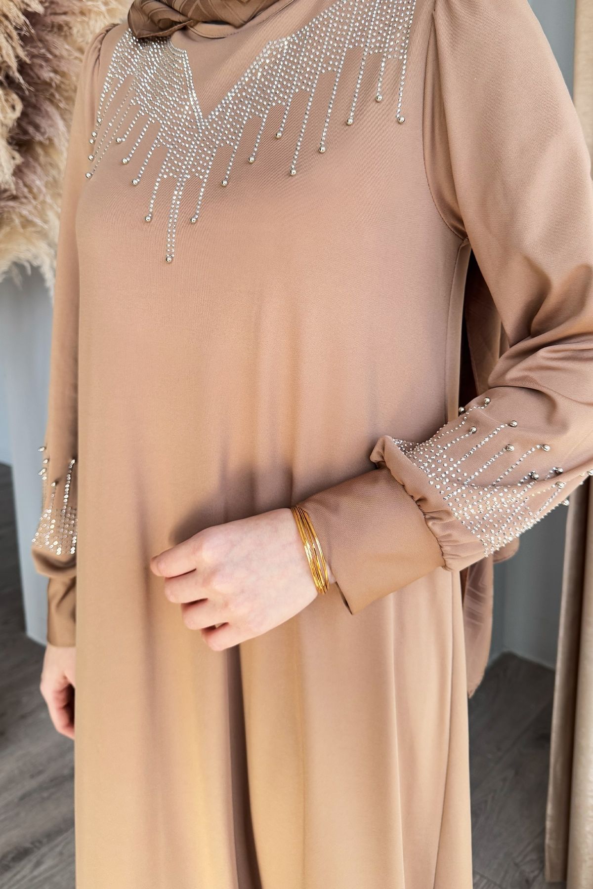 InStyle-Camel Scuba Dress with Rhinestones Pearls 6