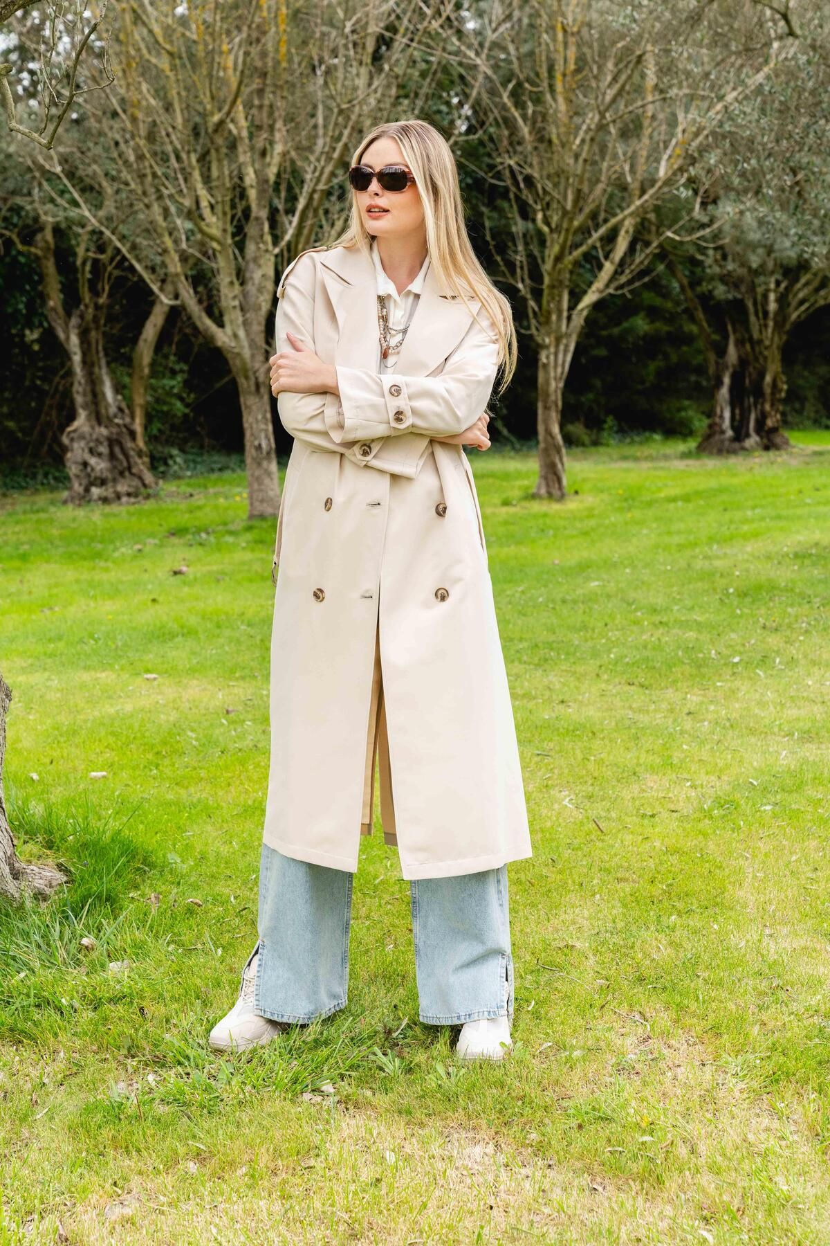 Olcay-Bequeme Passform, zweireihiger, wasserabweisender, ungefütterter Trenchcoat BEIGE 6542 5