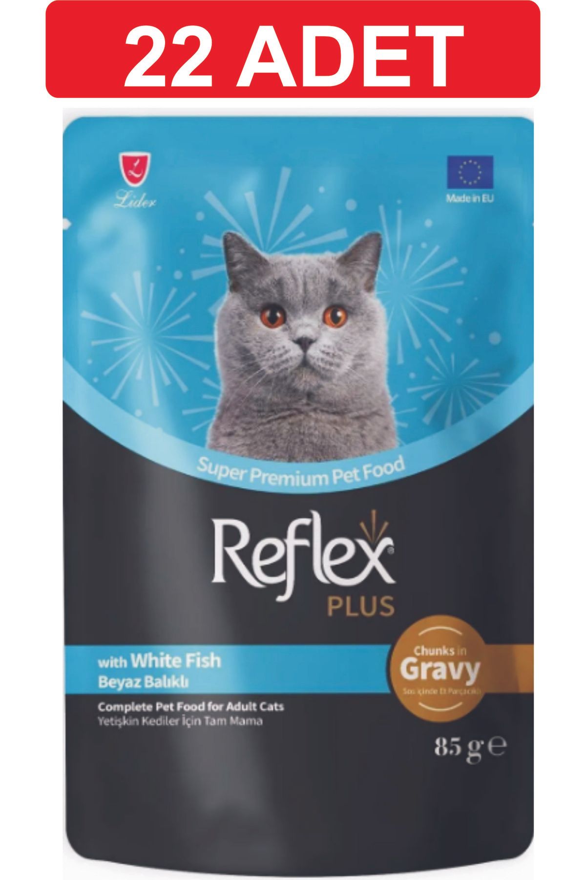 Reflex Gravy Sos İçinde Et Parçacıklı Beyaz Balıklı Yetişkin Kedi Maması 22 adet x 85 gram