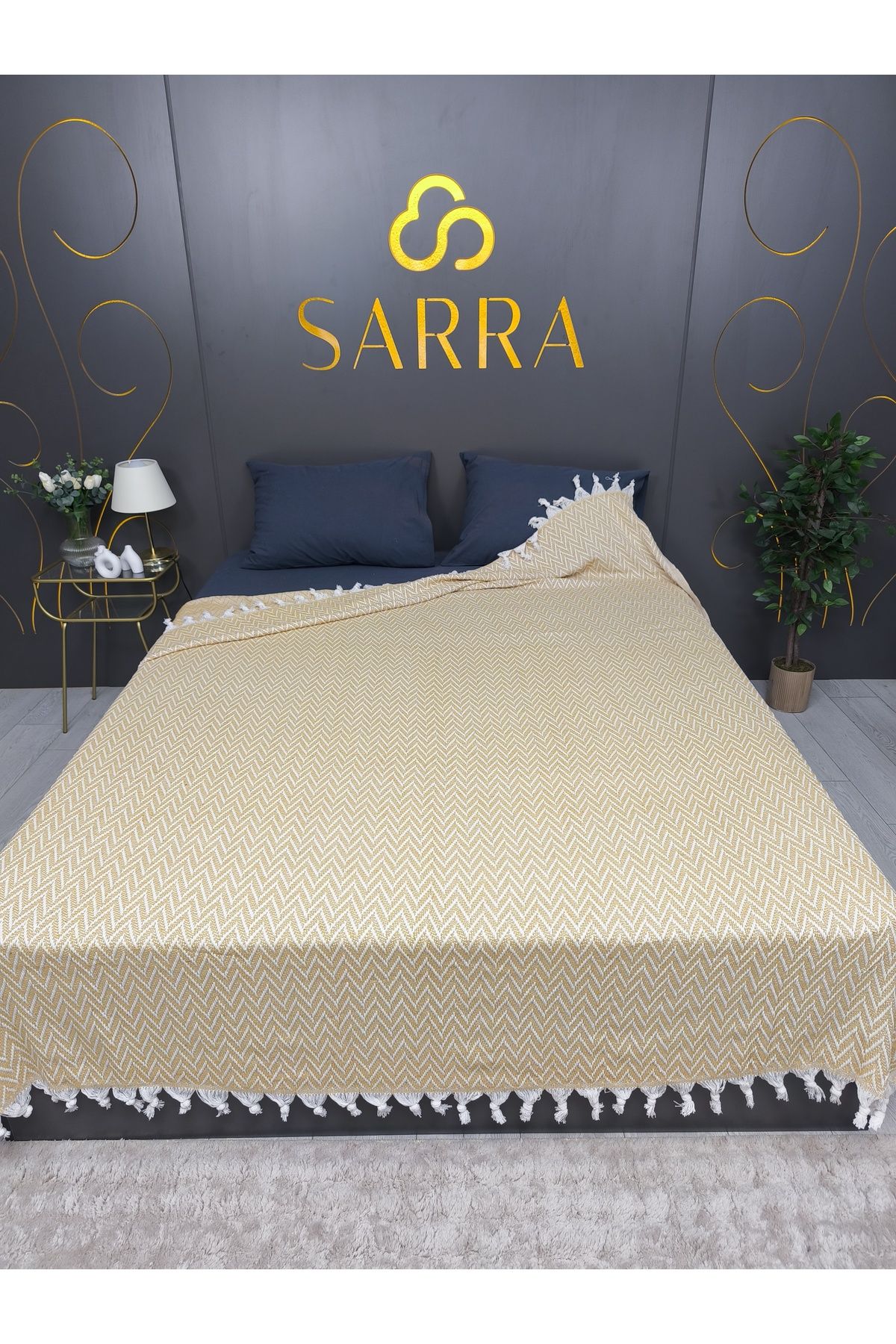 sarra HOME ÇİFT KİŞİLİK ZİKZAK PEŞTEMAL PİKE - SARI