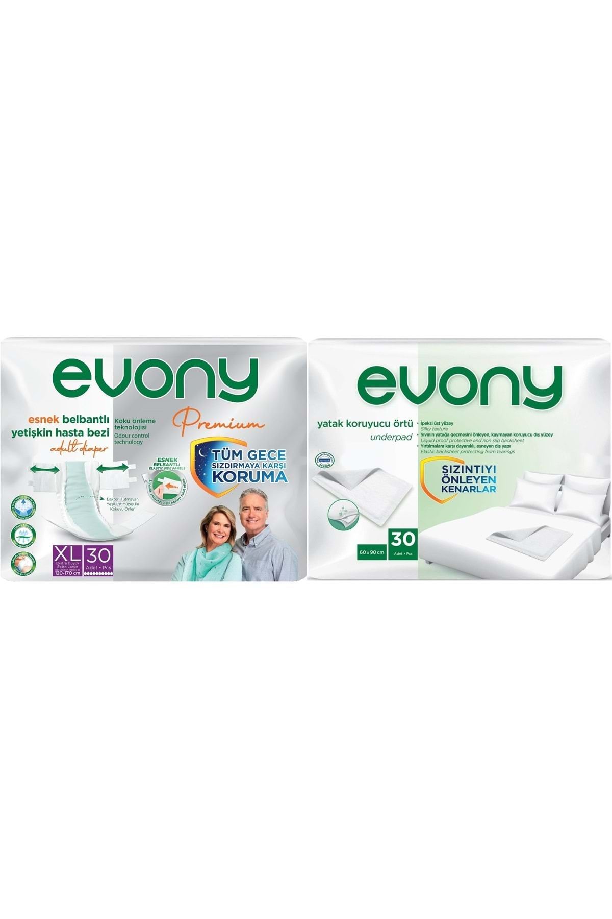 Evony Premium Hasta Bezi Yetişkin Bel Bantlı Tekstil Yüzey XL 30 Adet + Yatak Koruyucu Örtü 30 Adet