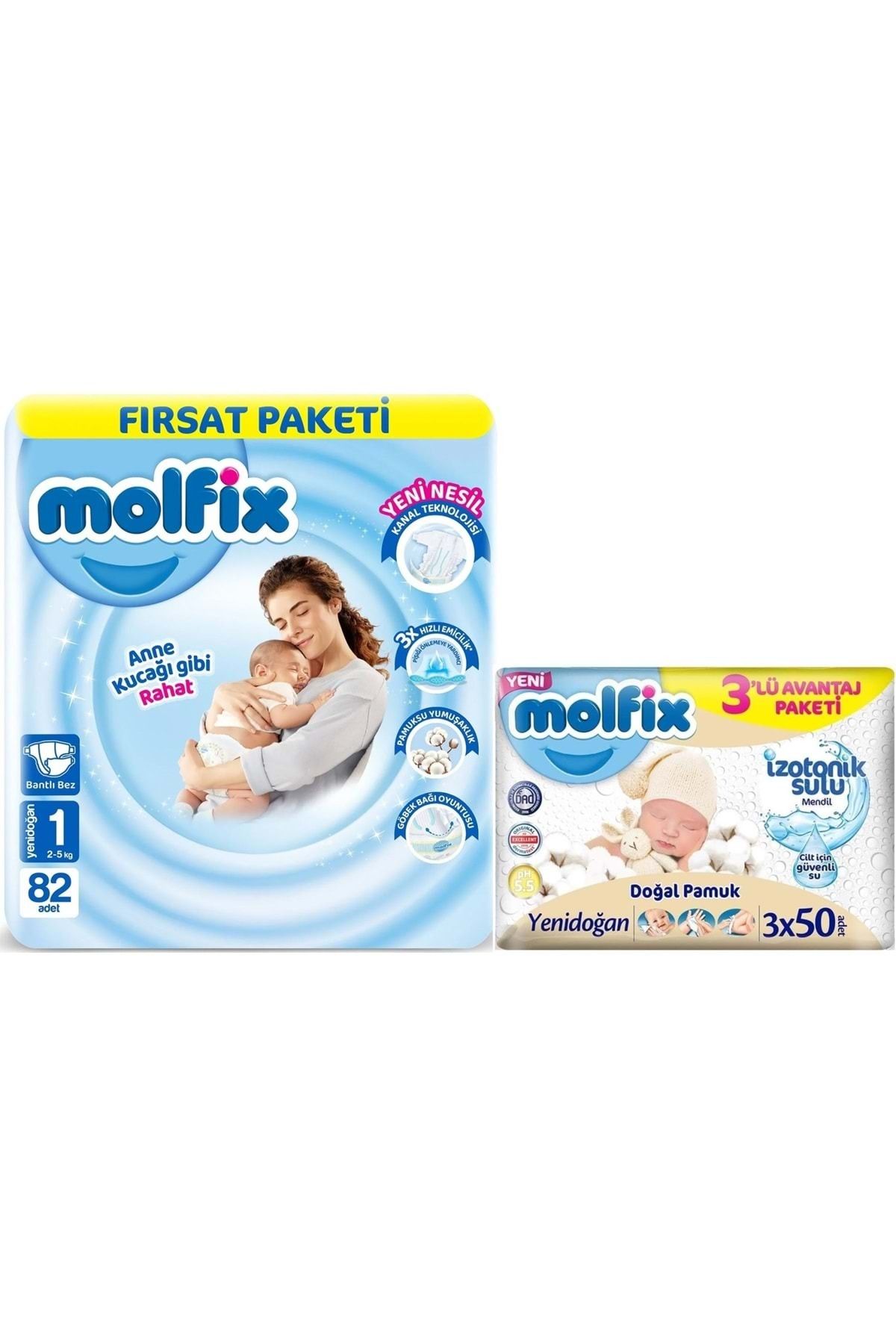 Molfix Bebek Bezi Beden:1 (2-5KG) Yeni Doğan 82 Adet Fırsat Pk 3 Adet Islak Mendil