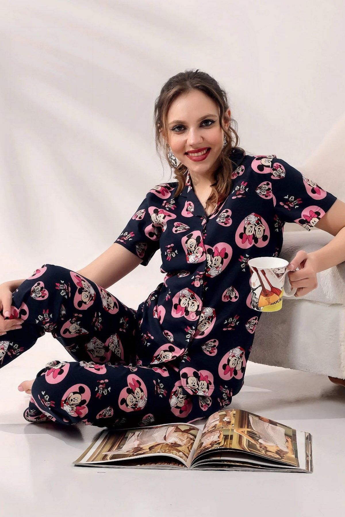 Funtasy Mickey Minnie Mouse Desenli Bebe Yaka Kısa Kollu Kadın Pijama Takımı