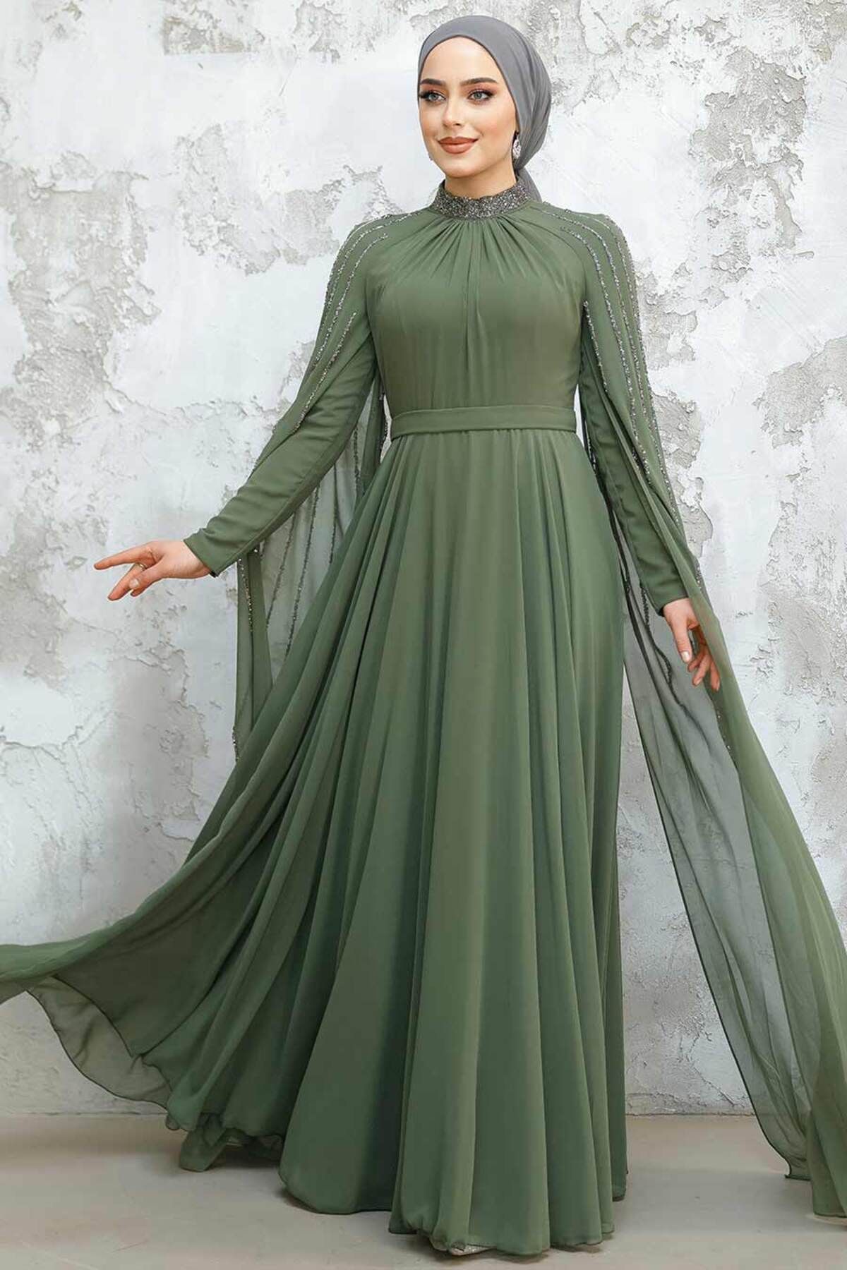 Neva Style-Khaki Hijab Evening Dress with Cape Detail 47381Hk 3