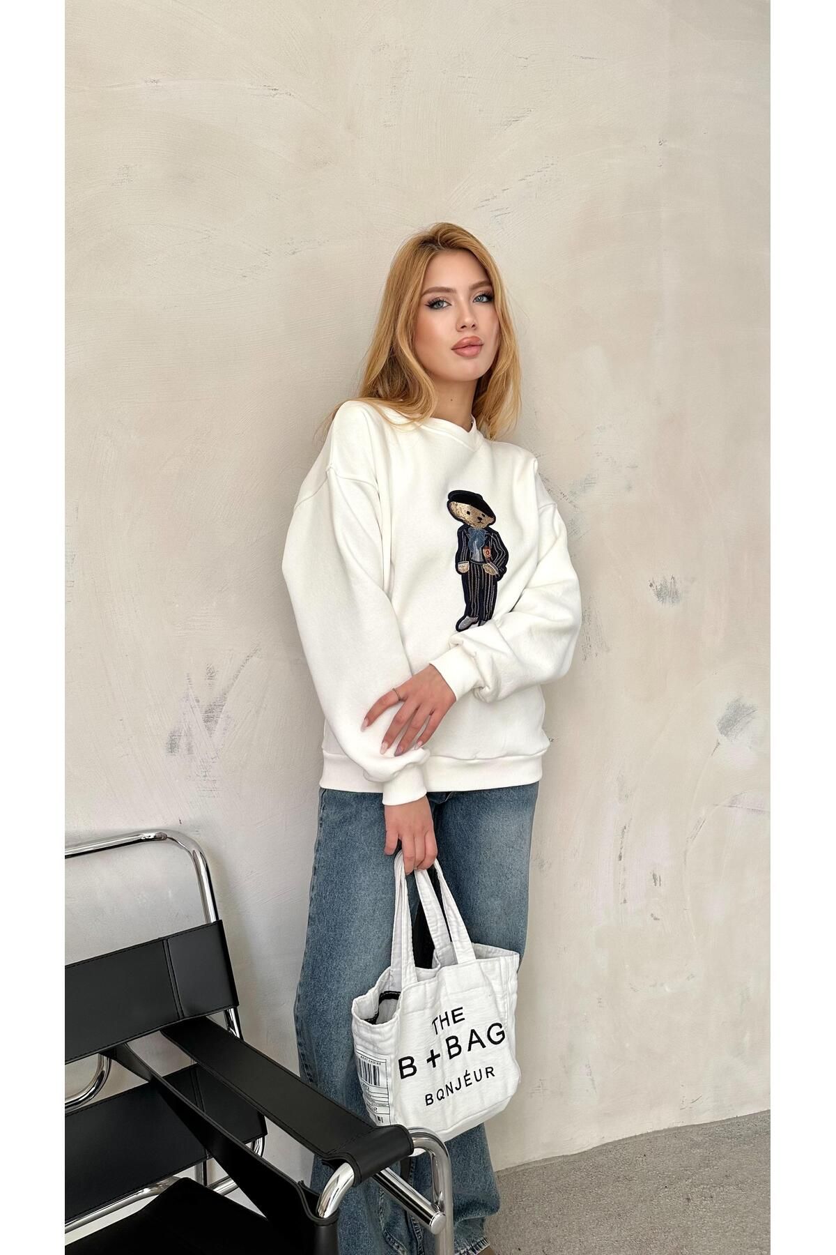 Angel Mia Ayıcık Detay Sweatshirt Beyaz