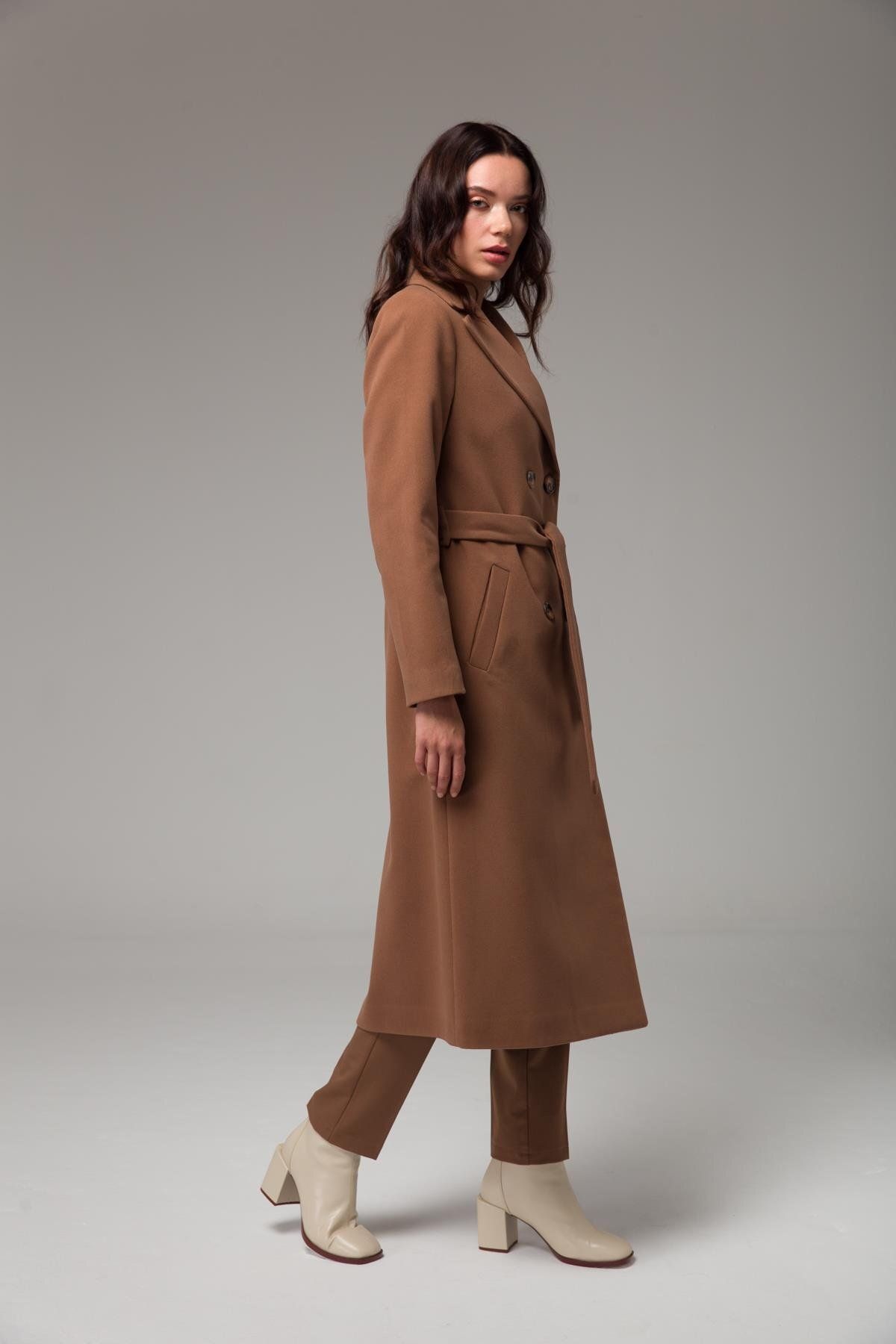 Concept.-Double Breasted Waist Tied Medium Length Coat Brown 3754 5