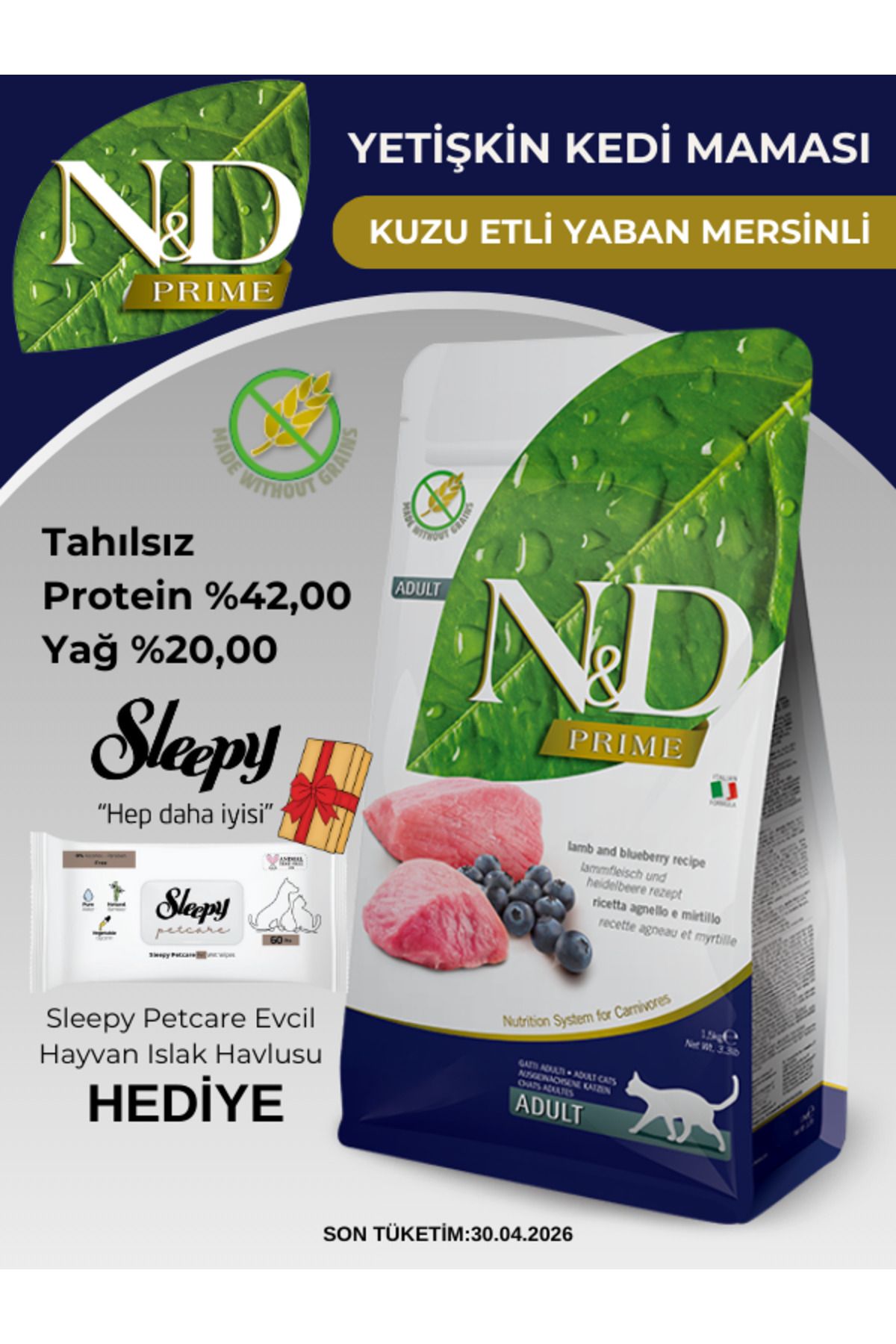 N&D KUZU ETLİ KEDİ MAMASI YABAN MERSİNLİ 1,5 KG + Sleepy Evcil Hayvan Islak Havlu Hediye