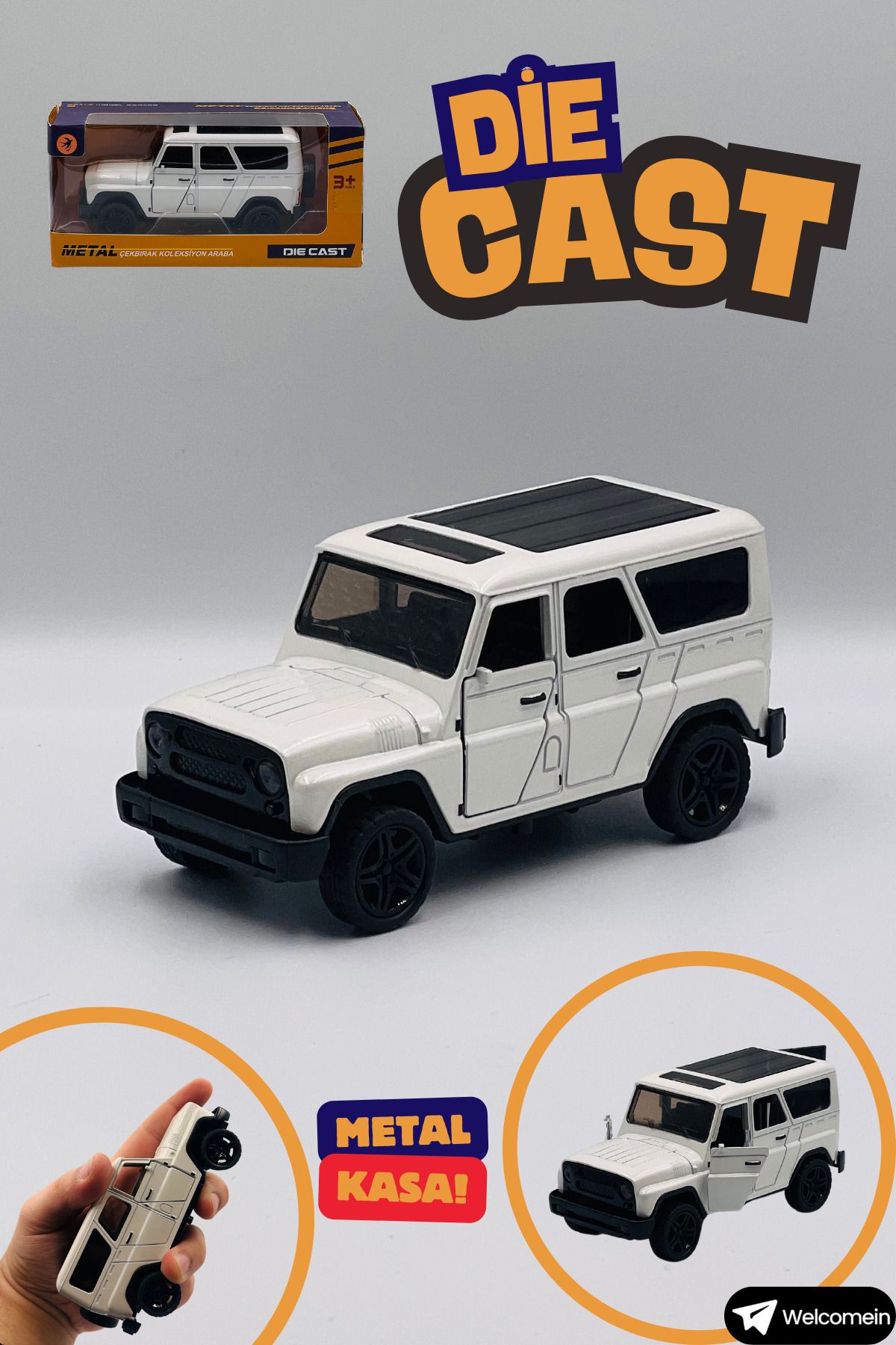 welcomein Oyuncak Beyaz Jeep Range Model Çek Bırak Kutulu Metal Die Cast Araba Kapıları Açılan Koleksiyon Özel