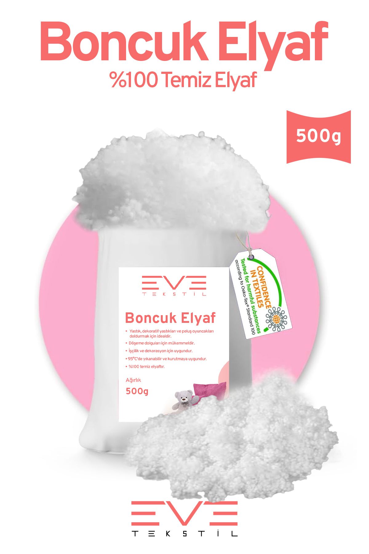 Eve Tekstil Yastık Yorgan Oyuncak Dolum Malzemesi Antialerjik Yapışmaz 1.Kalite %100 Temiz Boncuk Elyaf 500 Gr