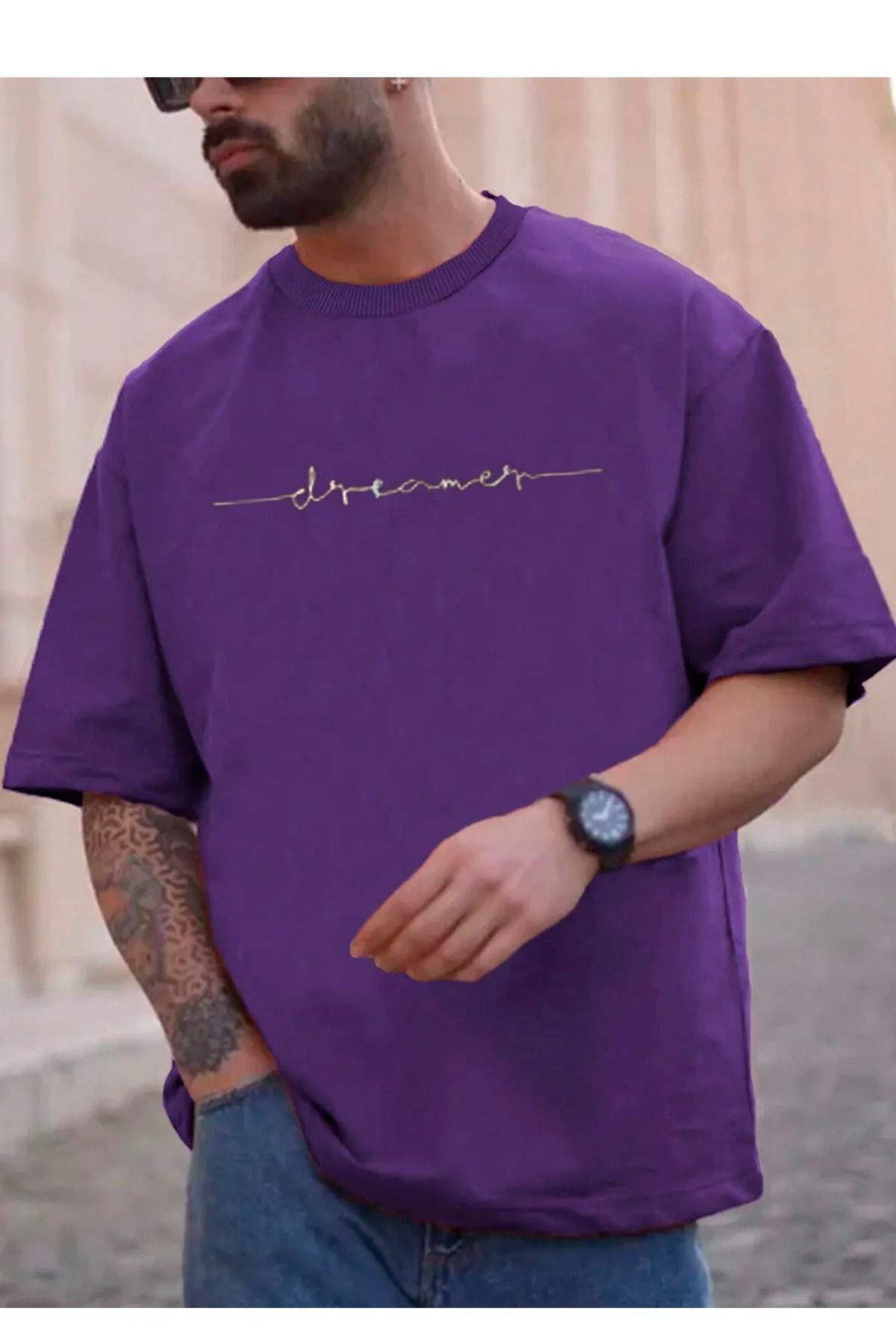 GIANTSTORE Erkek Mor Dreamer Baskılı Oversize Bisiklet Yaka Tshirt
