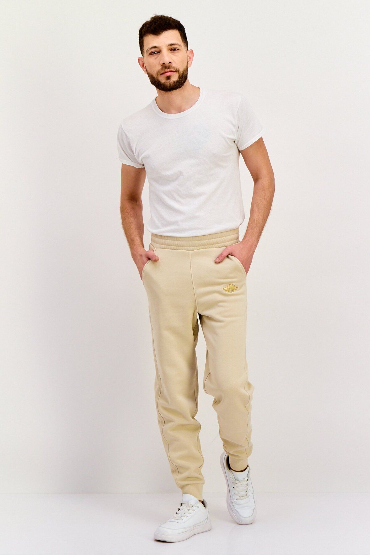 Esprit-Men Regular Fit Brand Logo Jogger Pants, Cream 4