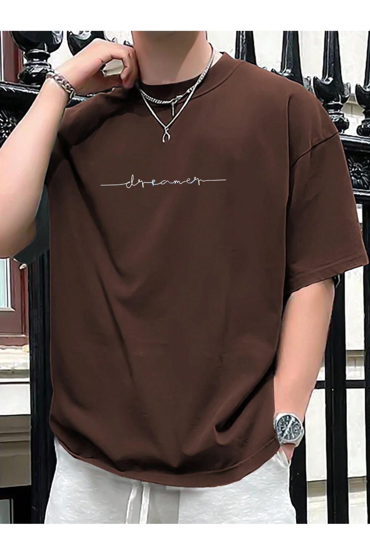 GIANTSTORE Erkek Kahverengi Dreamer Baskılı Oversize Bisiklet Yaka Tshirt
