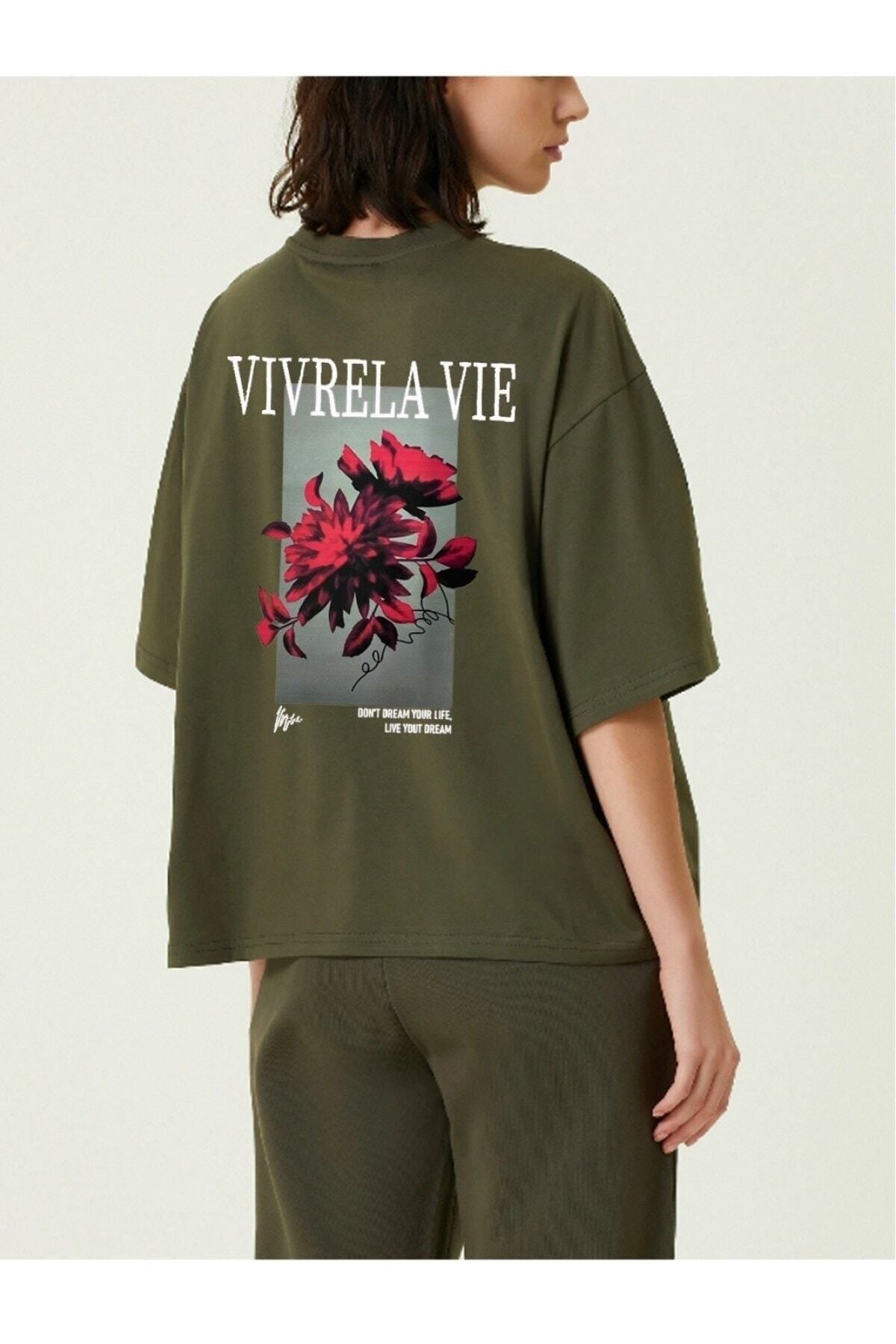 GIANTSTORE Unisex Haki Vivre La Vie Baskılı Oversize Bisiklet Yaka Penye Tişört