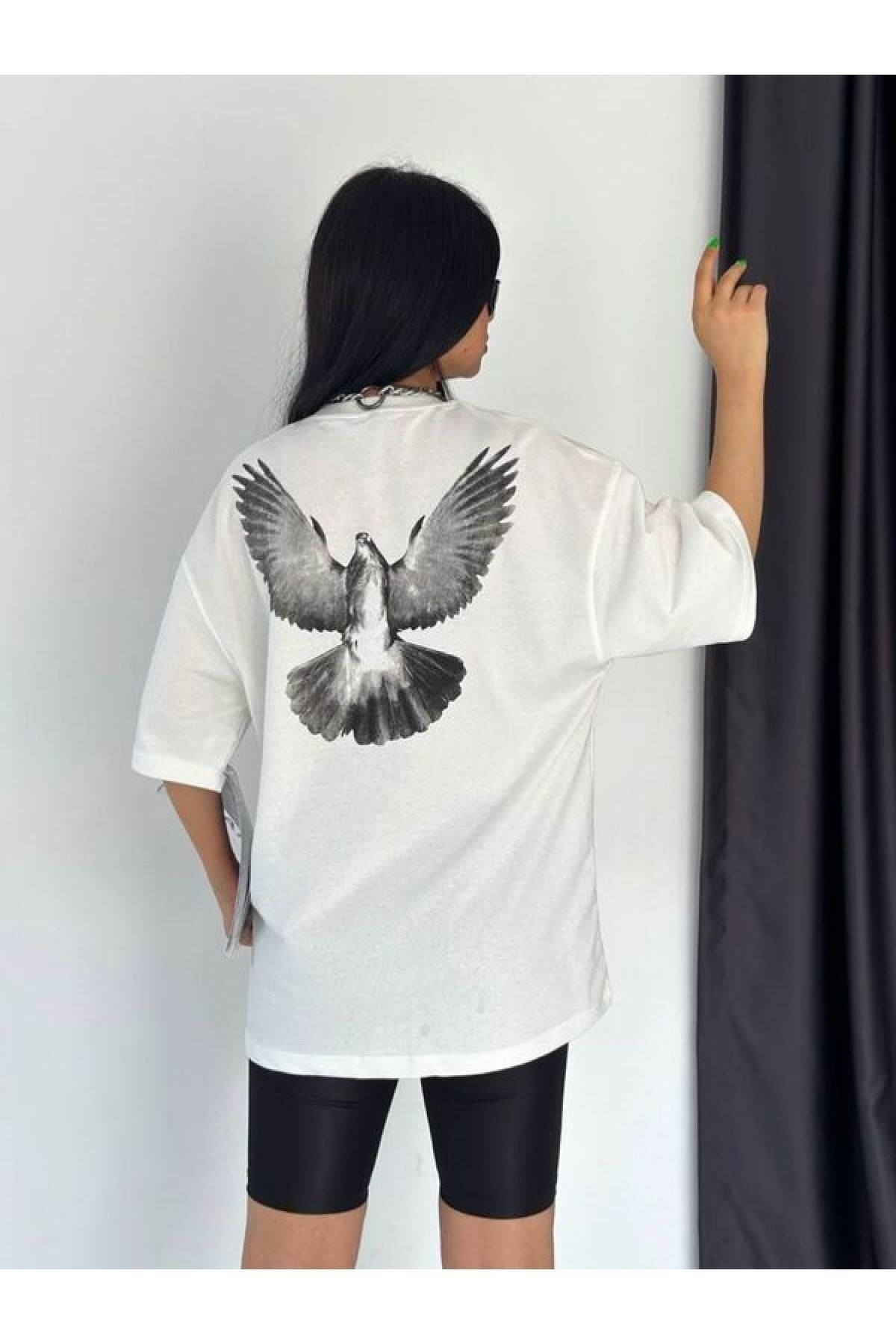 GIANTSTORE Kadın Beyaz Kuş Oversize Bisiklet Yaka Tshirt