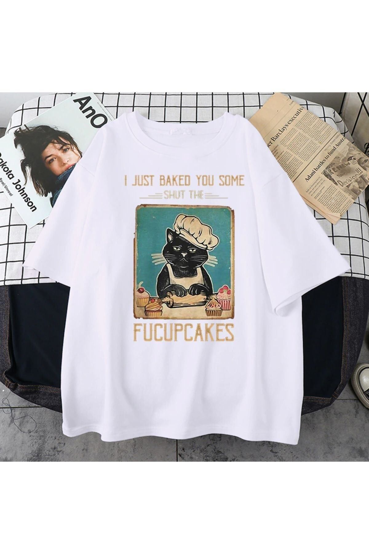 GIANTSTORE Kadın Beyaz Fucupcakes Baskılı Oversize Bisiklet Yaka Tshirt