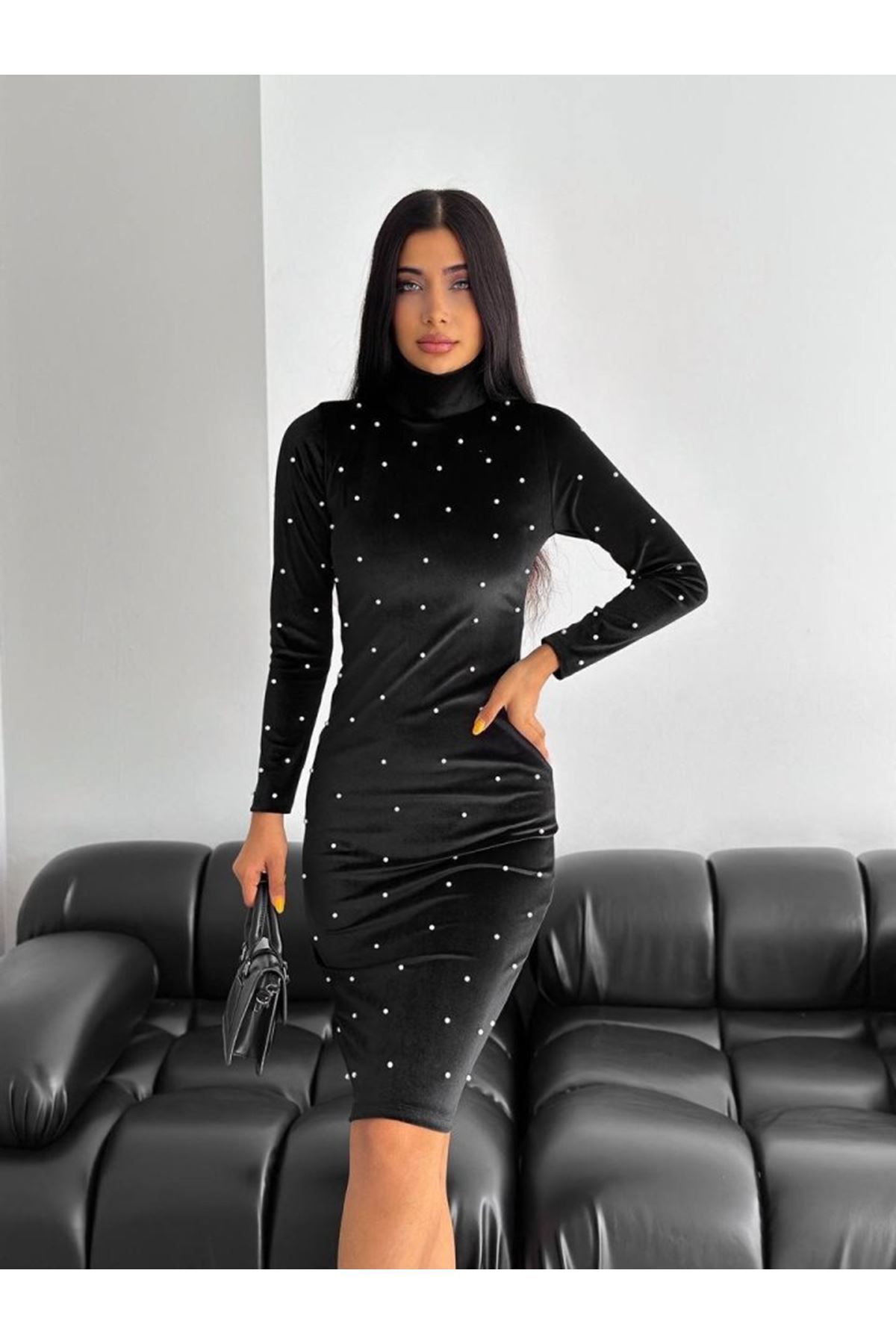 RKFashion Kadın Balıkçı Yaka Inci Detay Fırsat ürün Kadife Kumaş Mini Elbise