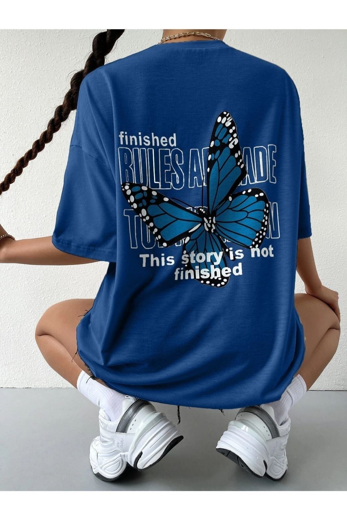 GIANTSTORE Kadın Mavi Finished Baskılı Oversize Bisiklet Yaka Tshirt