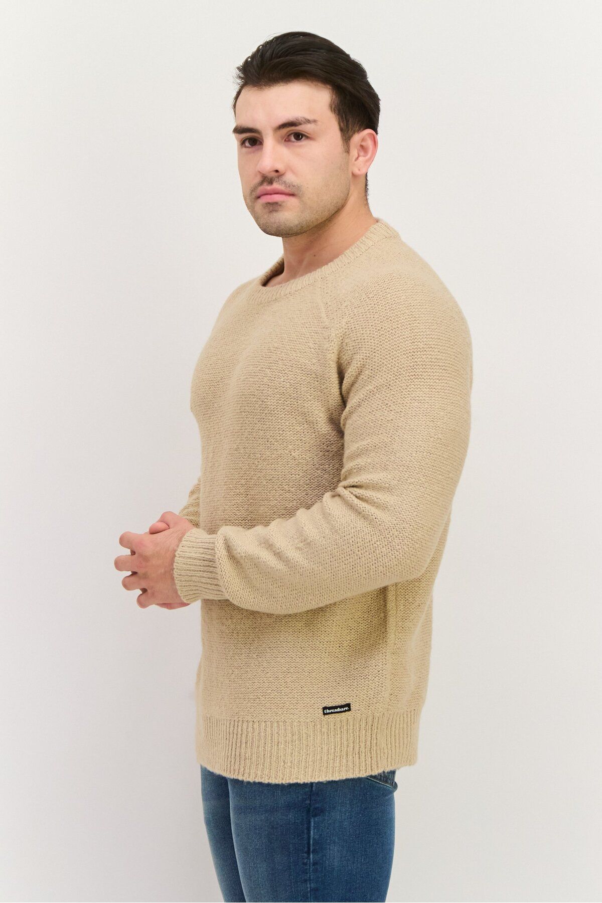 Threadbare-Men Crew Neck Long Sleeve Knitted Sweater, Beige 3