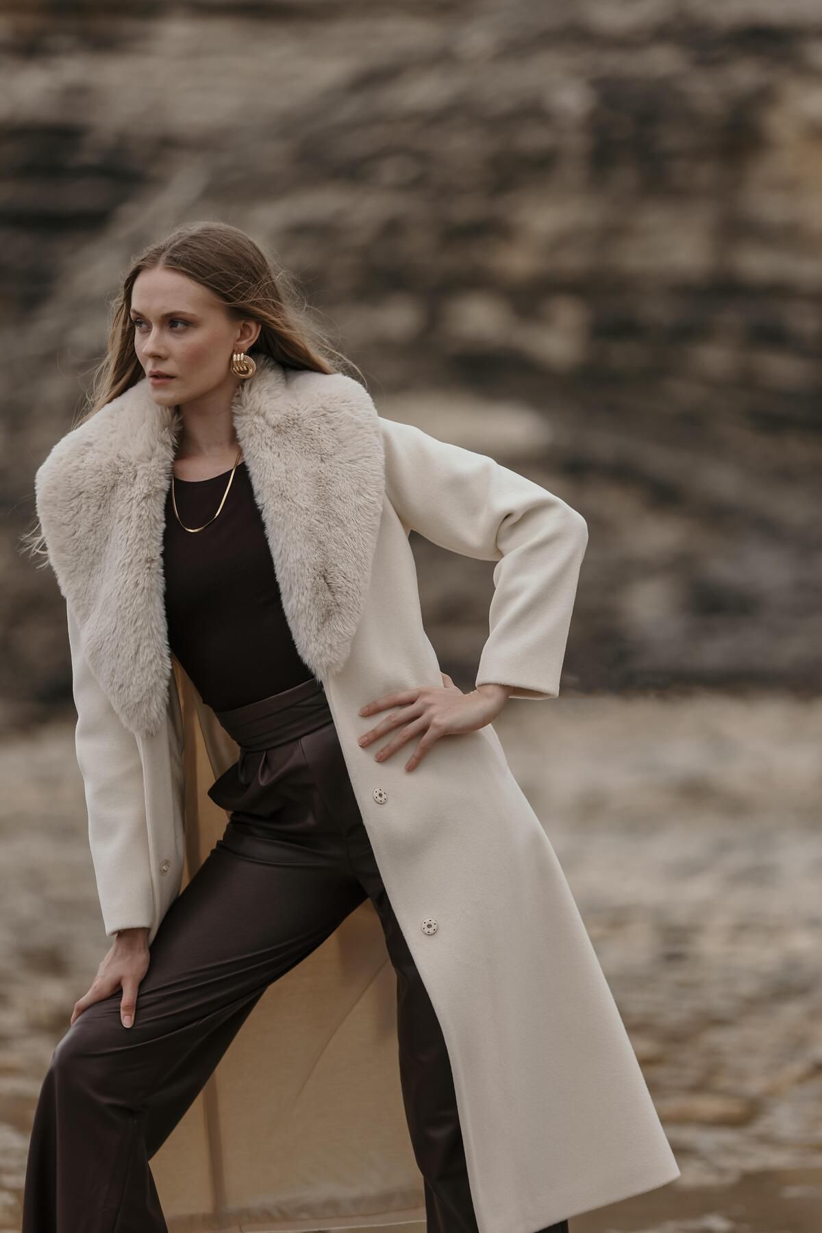 Olcay-Intermediate Size Ecru 3066 - SheepsKin Coat with Removable Collar and Snap Closure 6