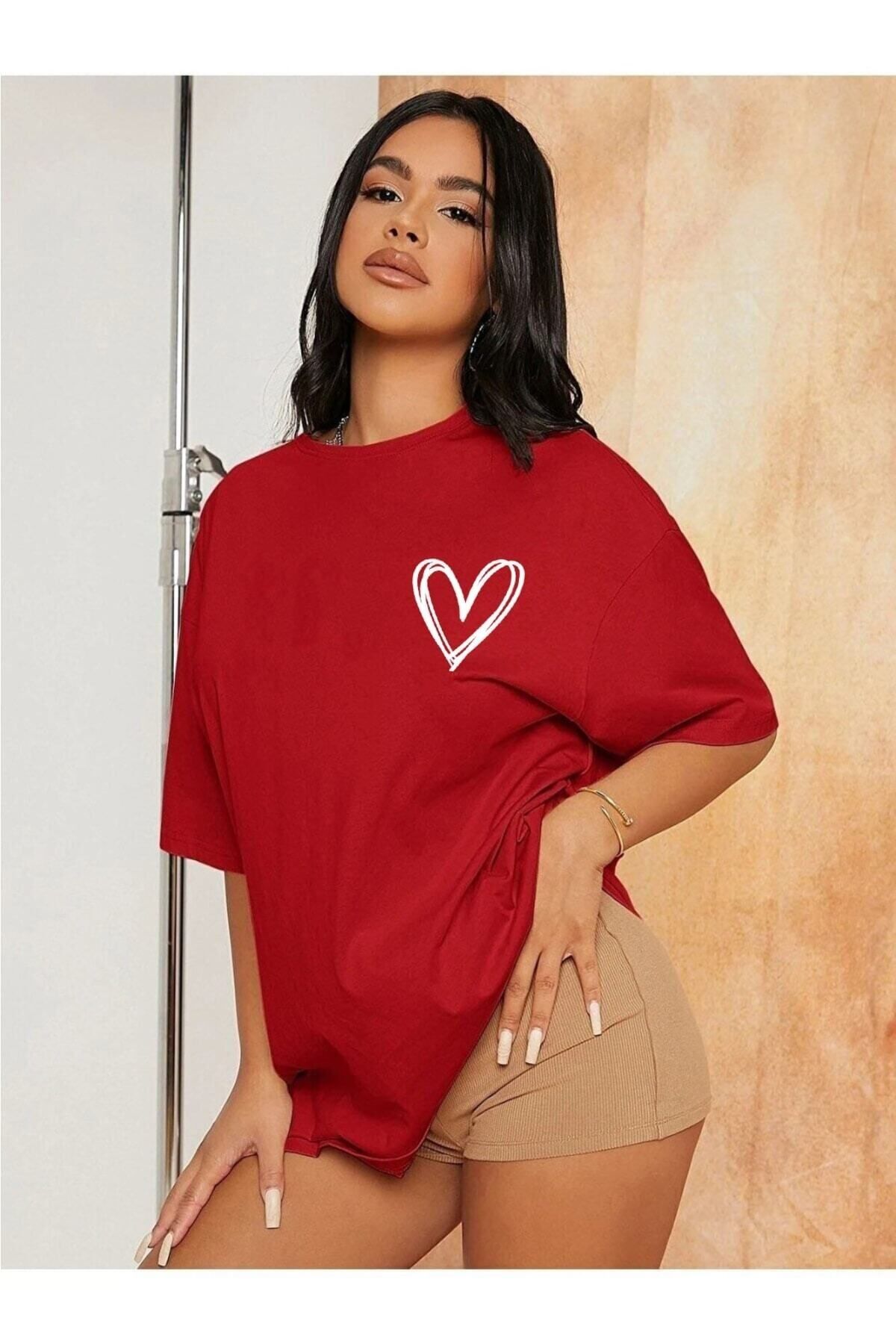 GIANTSTORE Kadın Kırmızı Kalp Bisiklet Yaka Tshirt