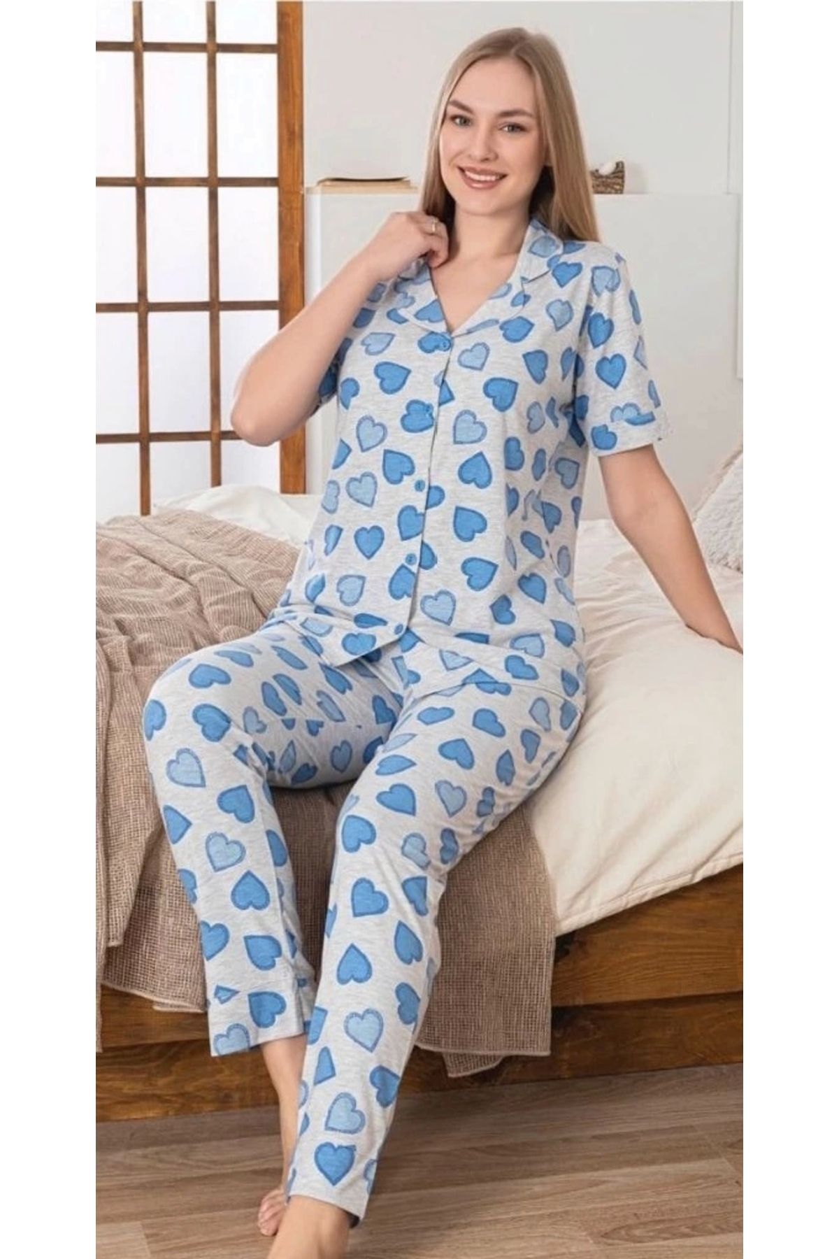 buHillco Alissa Kadın Mavi Kalp Desenli Patlı Pijama Takımı