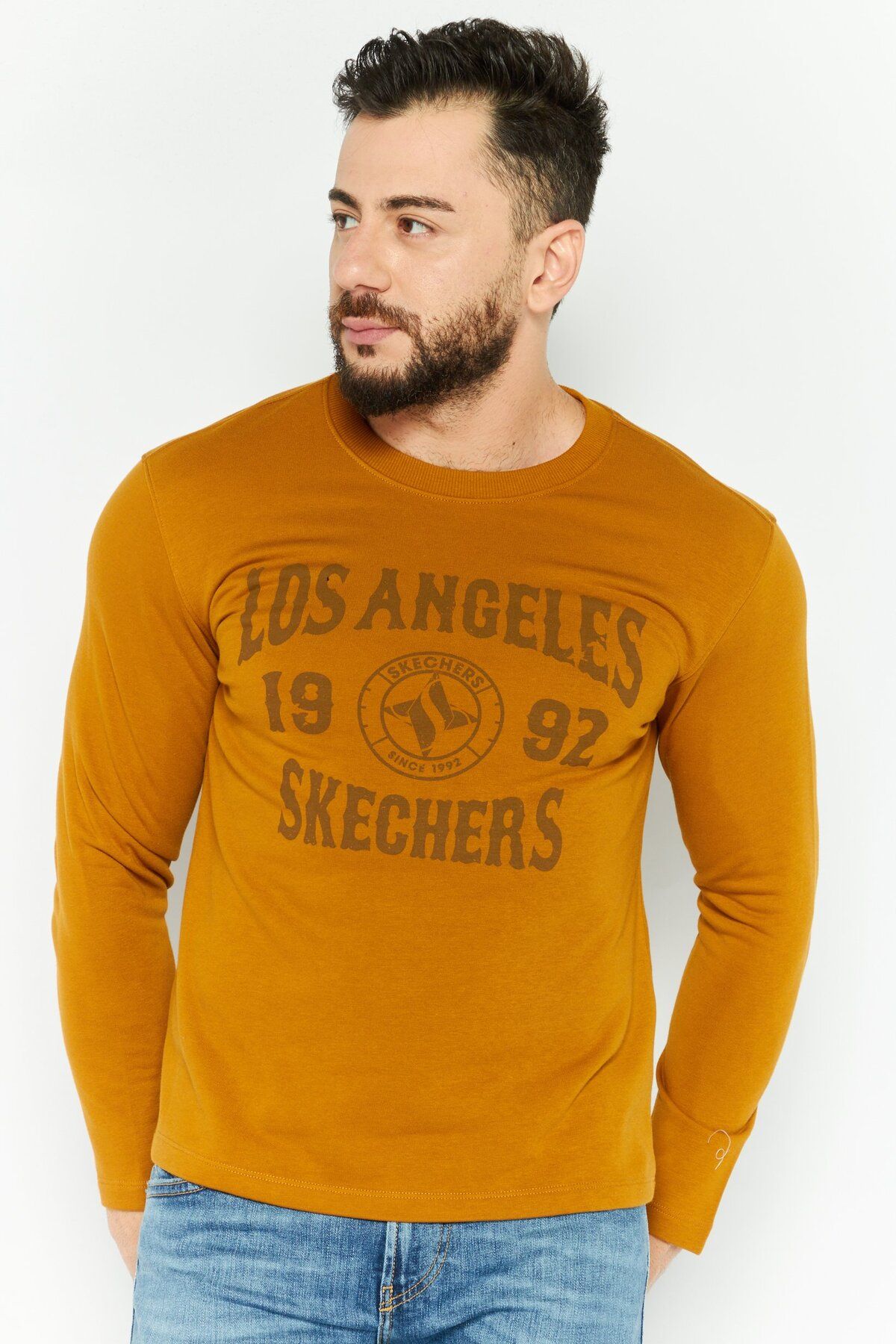 SKECHERS-Men Crew Neck Long Sleeve Printed Sweatshirt, Brown 1