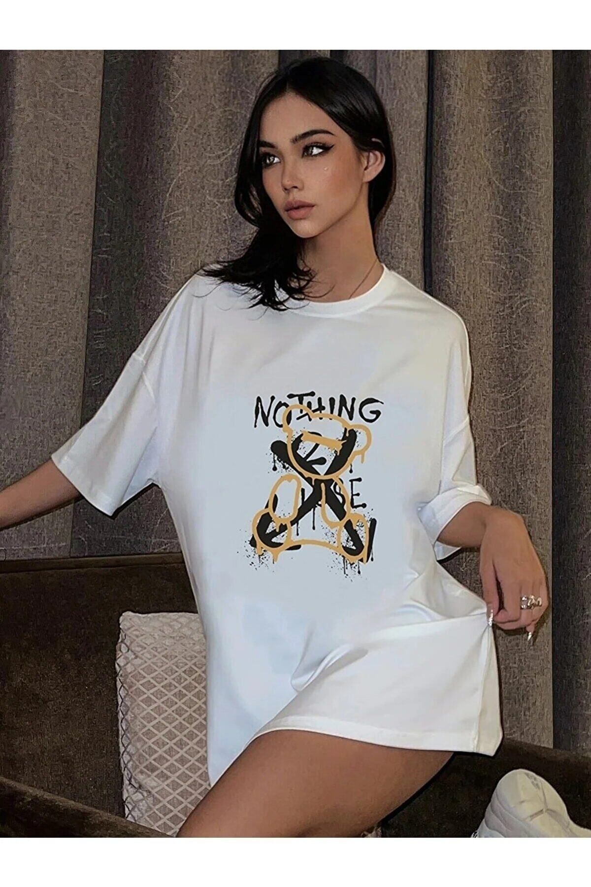 GIANTSTORE Radjeanss Kadın Beyaz Nothing Lose Baskılı ovarsize Tshirt