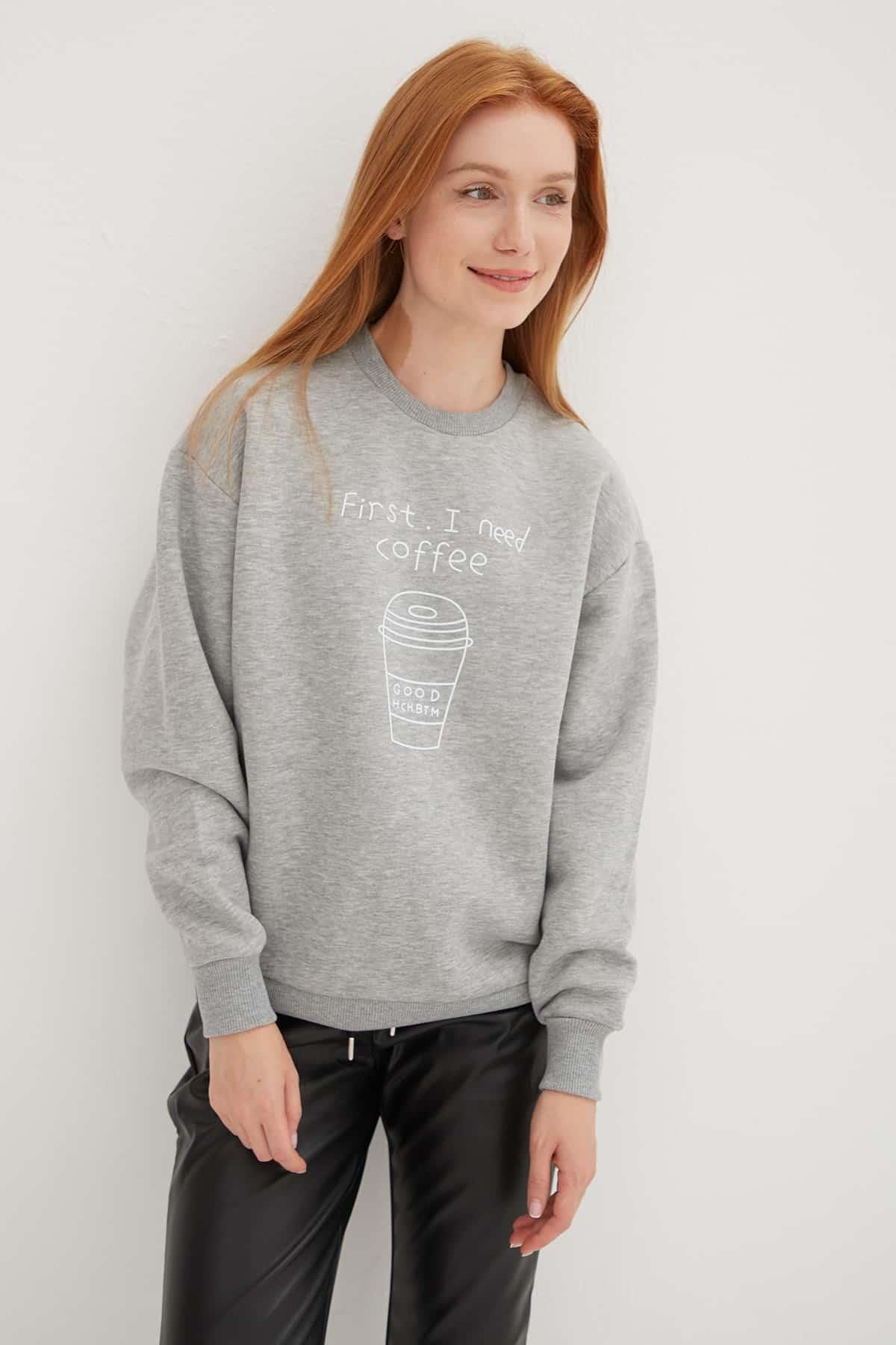 Fashion Friends-Crew Neck Printed Sweat Gray Melange 3