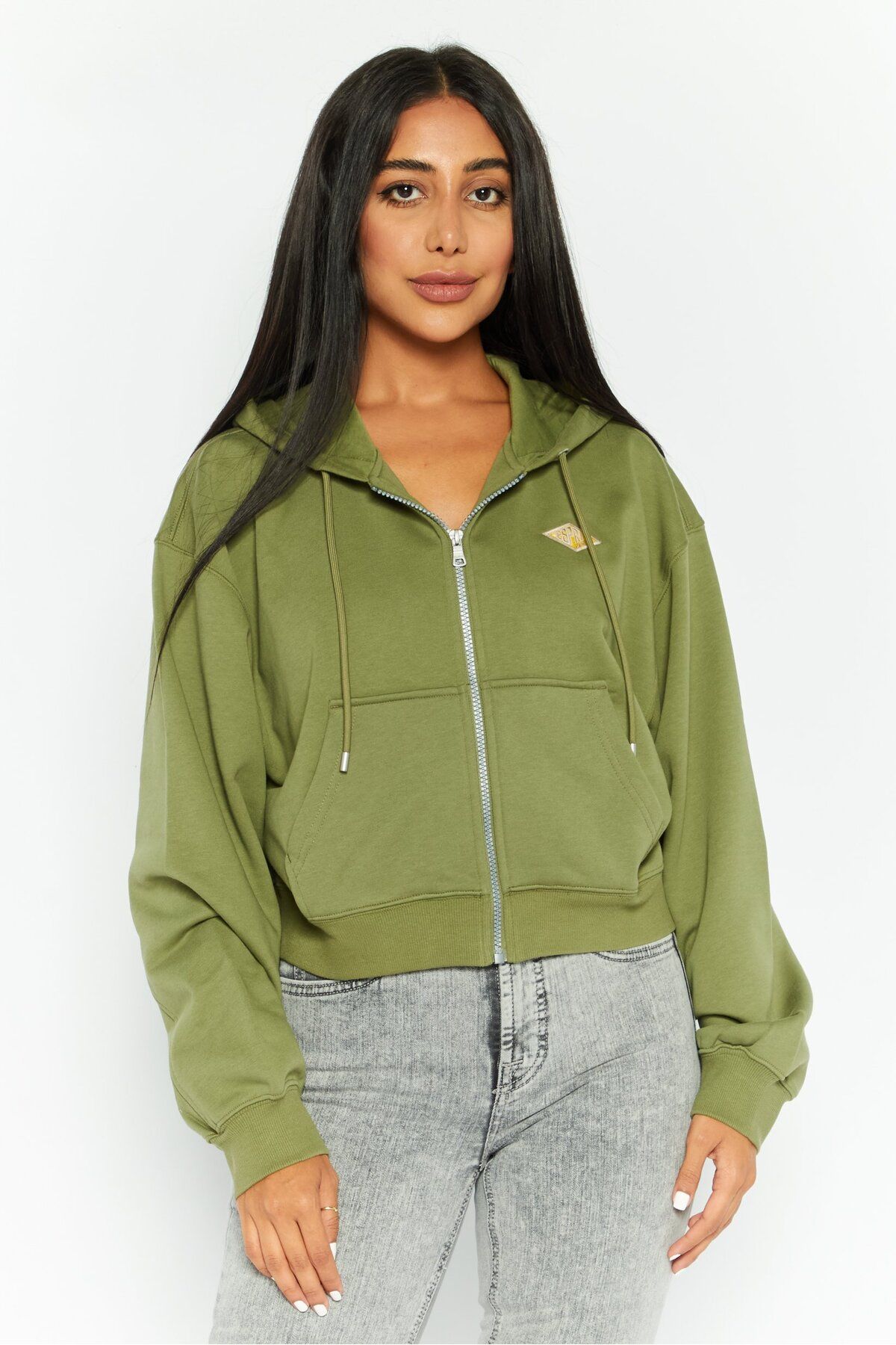 Esprit-Women Embroidered Logo Long Sleeves Hooded Sweatshirt, Olive 1