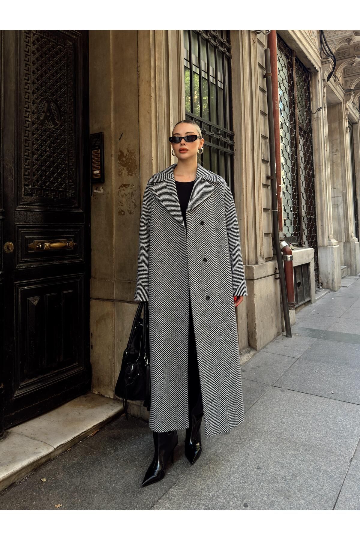 Olcay-Herringbone Patterned Oversize Coat - Snap Closure, Intermediate Size, BLACK 3035 5