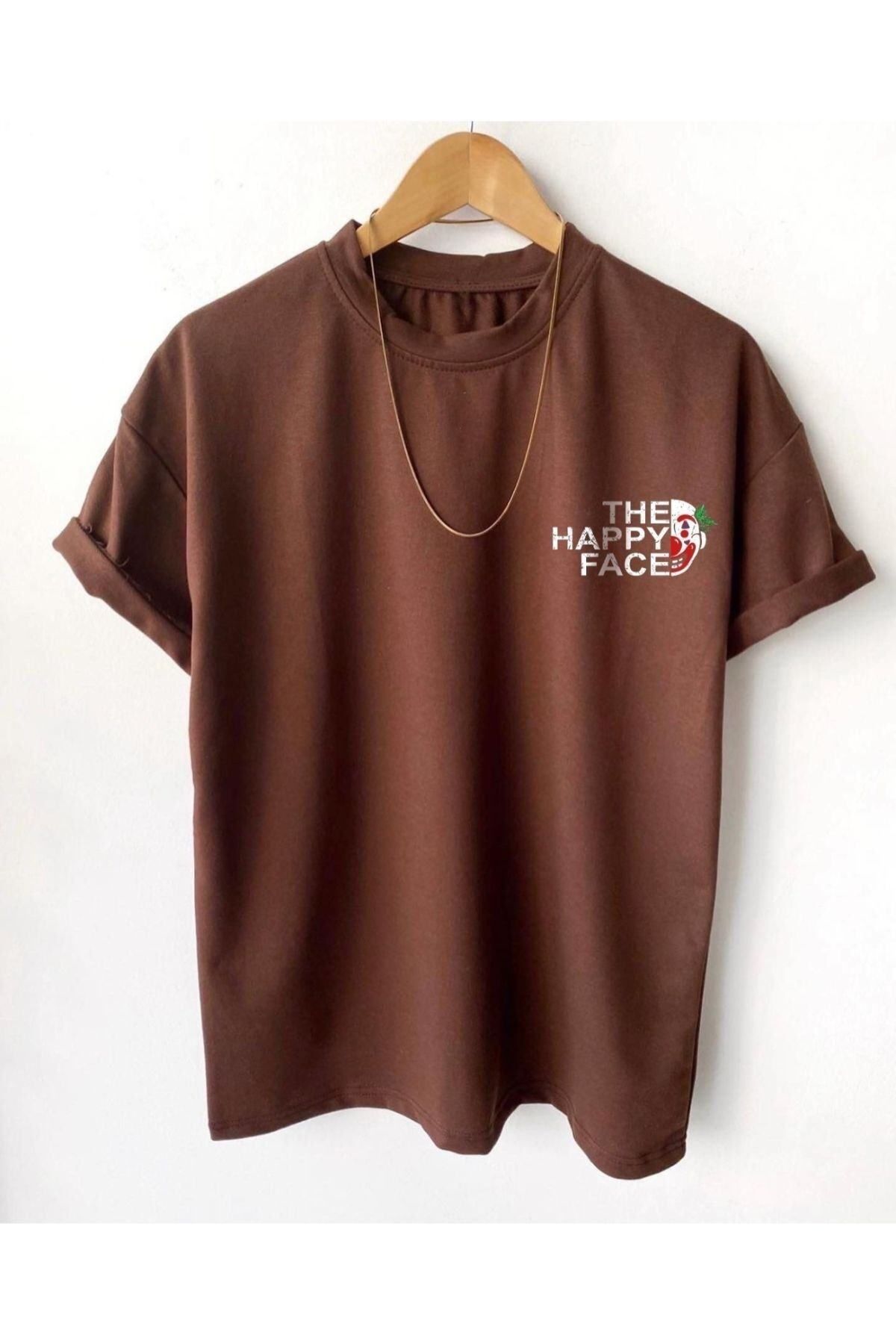 GIANTSTORE Erkek Kahverengi Happy Face Baskılı Oversize Tshirt