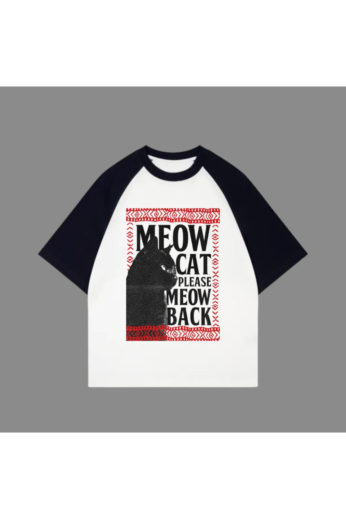 DEEFWEAR Very Kind  Beyaz Unisex Siyah Reglan Meow Cat T-Shirt